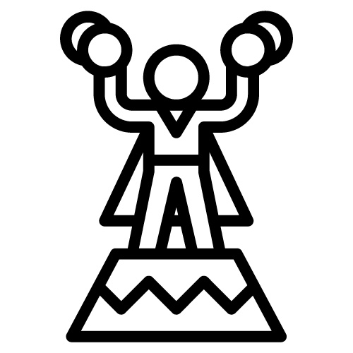 line graphic of a person in a cape, standing on a platform