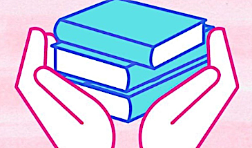 line drawing, digital, hands holding up three books