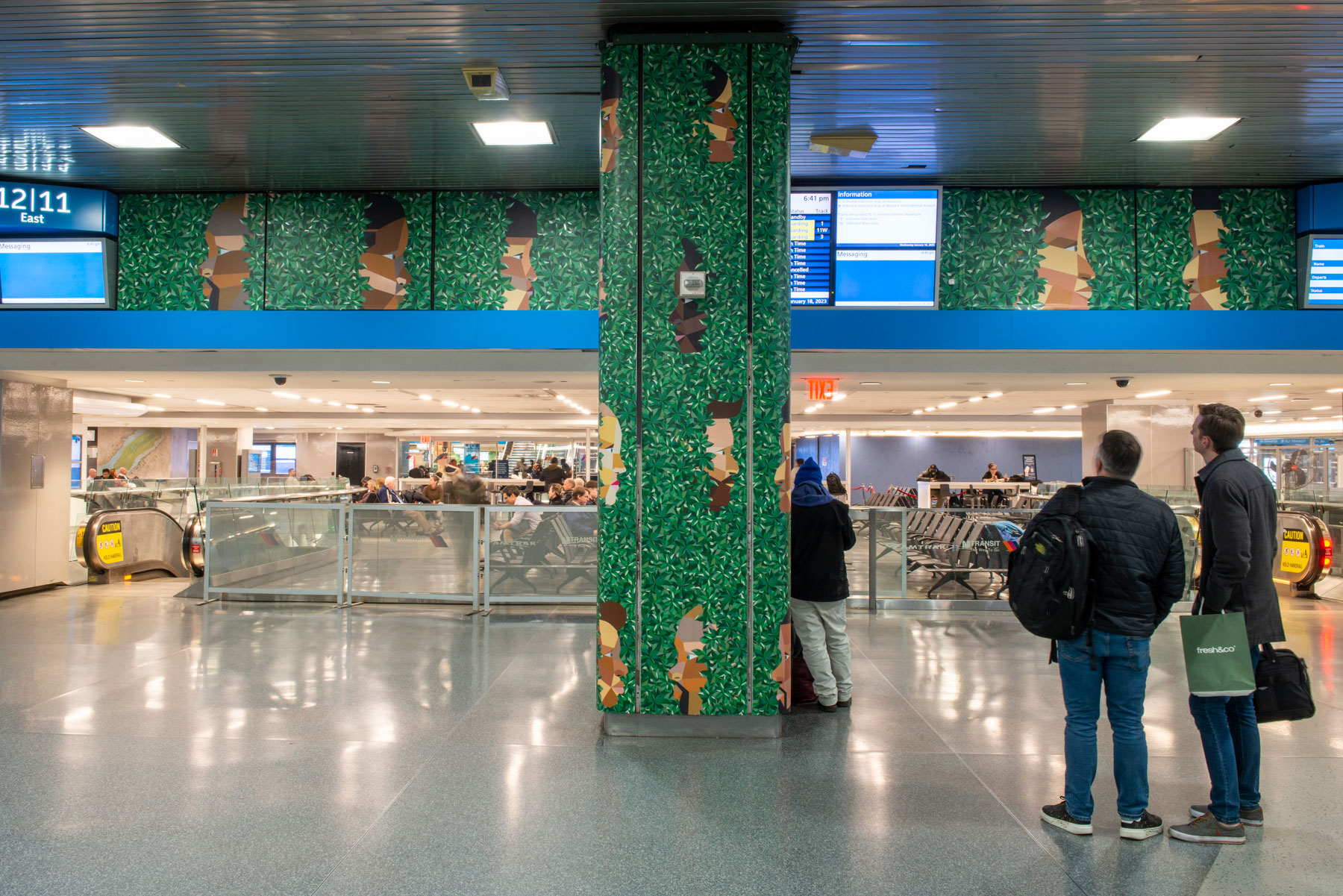 Derrick Adams, BFA Art and Design Education ’96, “The City Is My Refuge” in New York Penn Station (courtesy Amtrak)