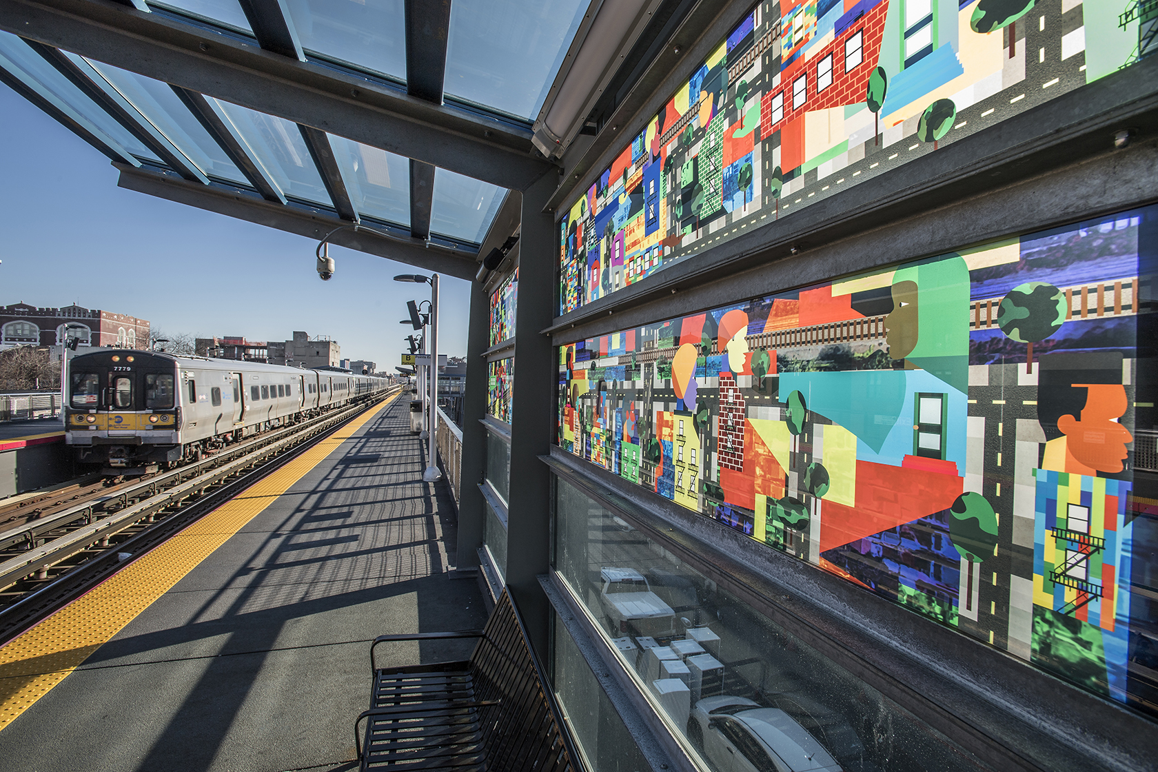 Derrick Adams, BFA Art and Design Education ’96, “Around the Way” (2019) at the LIRR Nostrand Avenue Station in Brooklyn (photo by the Metropolitan Transportation Authority/Flickr)