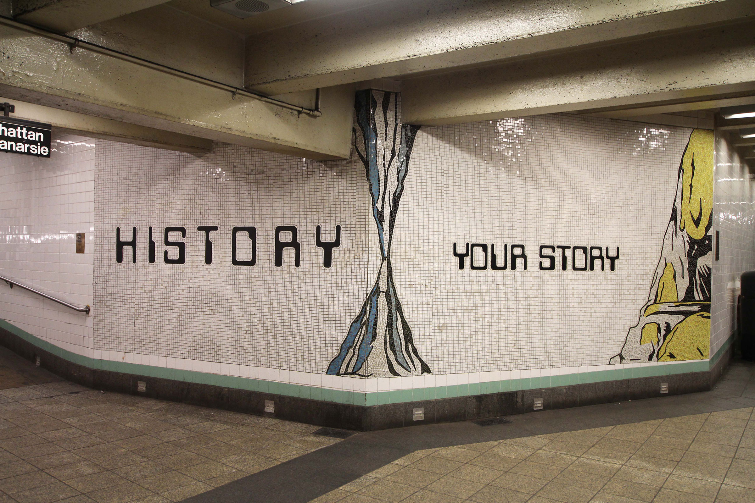 Jackie Chang, visiting instructor of social science and cultural studies, “Signs of Life” (2001) in the Metropolitan Avenue (G) station (photo by ShellyS/Flickr)