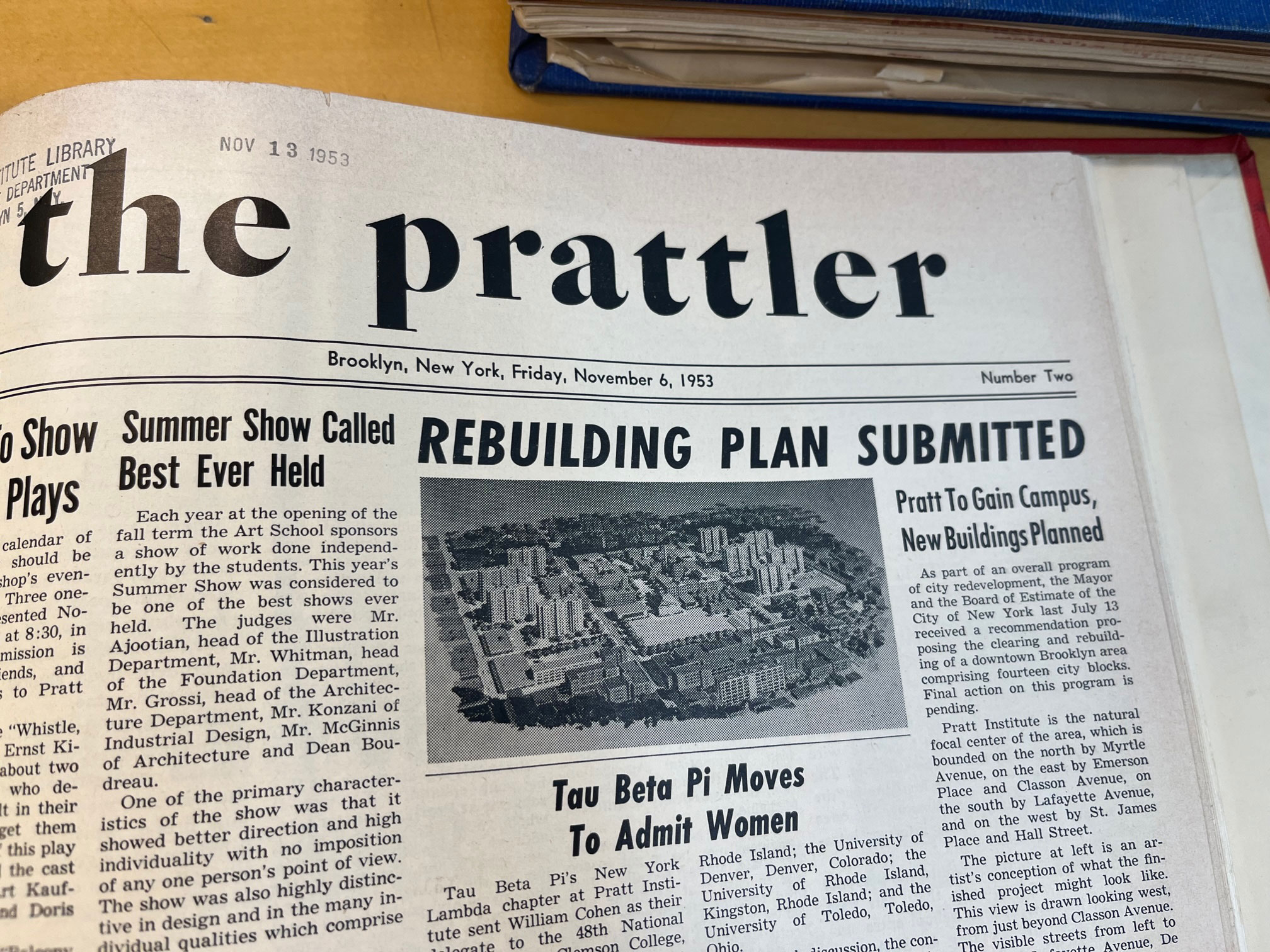 November 6, 1953, issue of ‘The Prattler’ in the archives at Pratt Libraries (photo by Ellen Berkovitch)