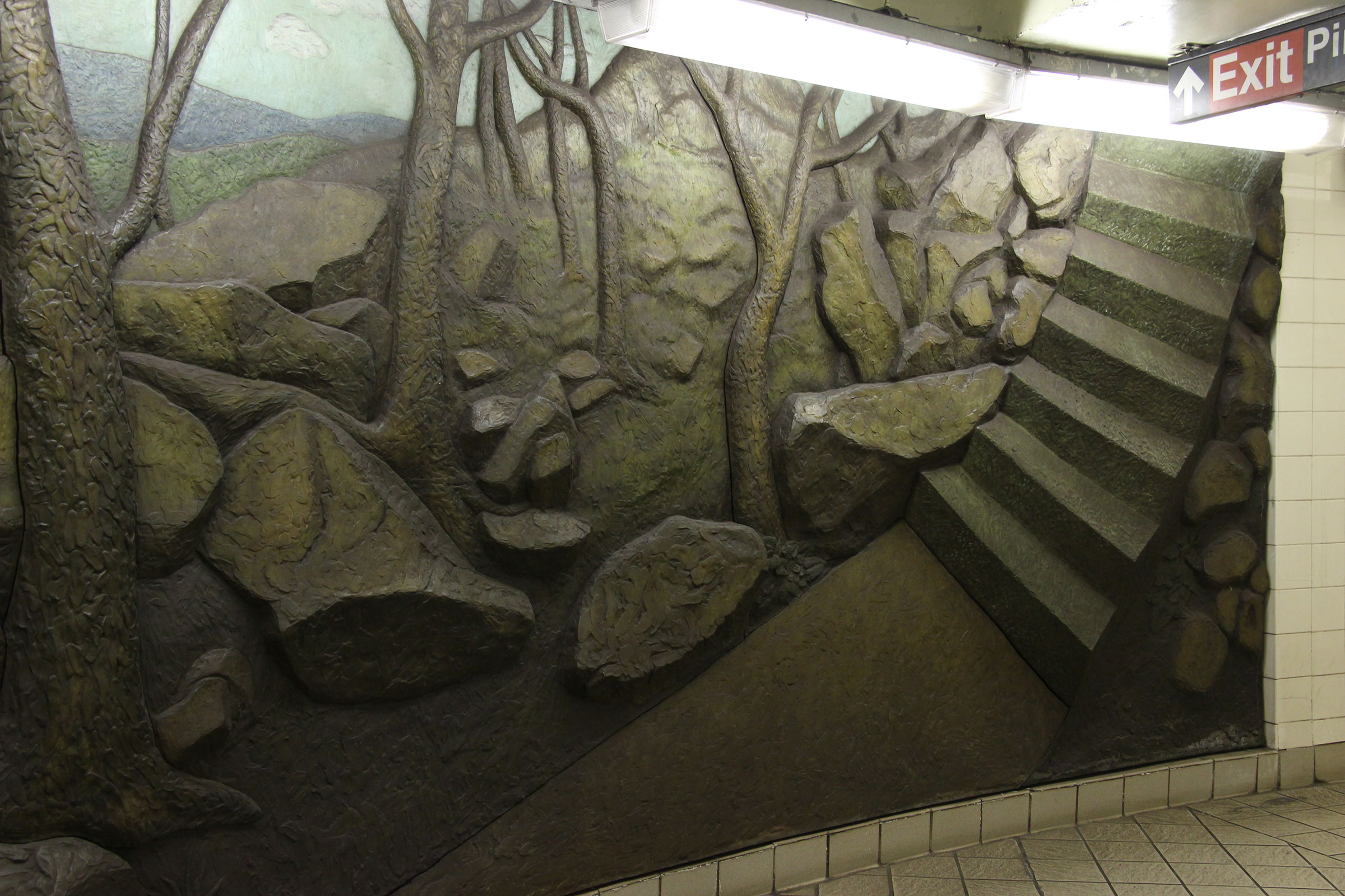 Harry Roseman, BFA Graphic Art ’68, “Subway Wall” (1990) in the Wall Street (2,3) station (photo by ShellyS/Flickr)
