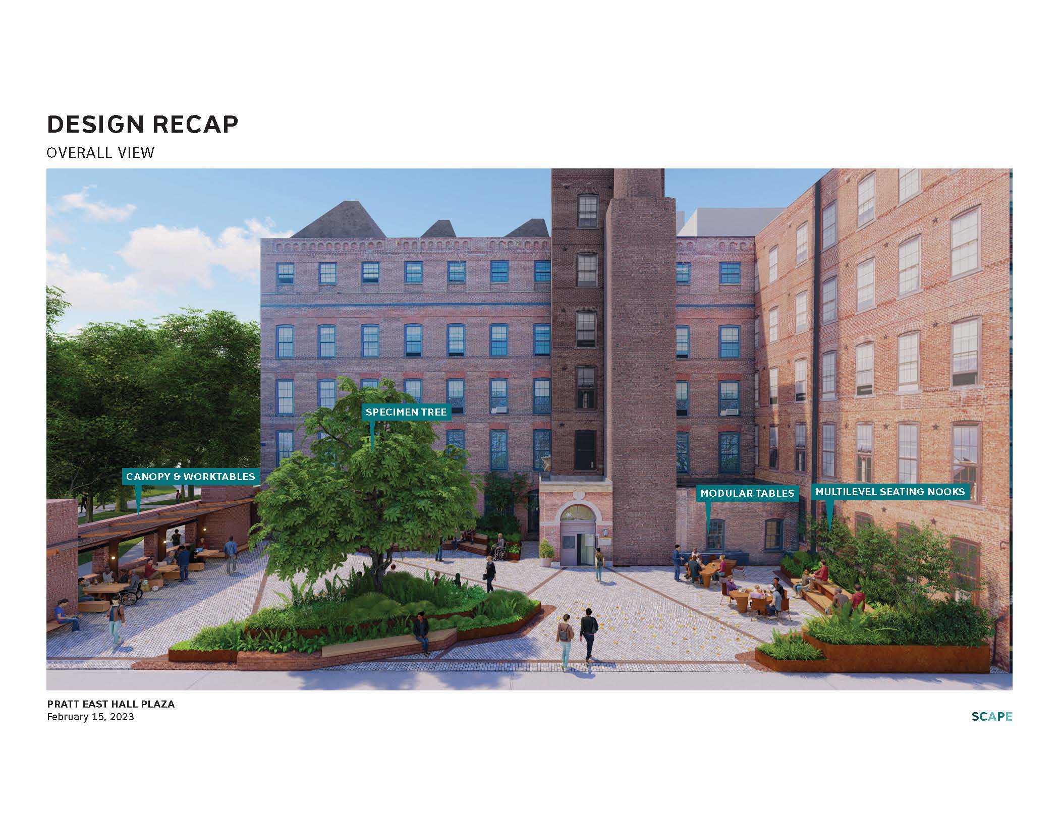 A different digital mockup of the new East Hall Plaza. There is a greenery patch with trees in the middle of a cobble stone plaza with tall buildings in the background.