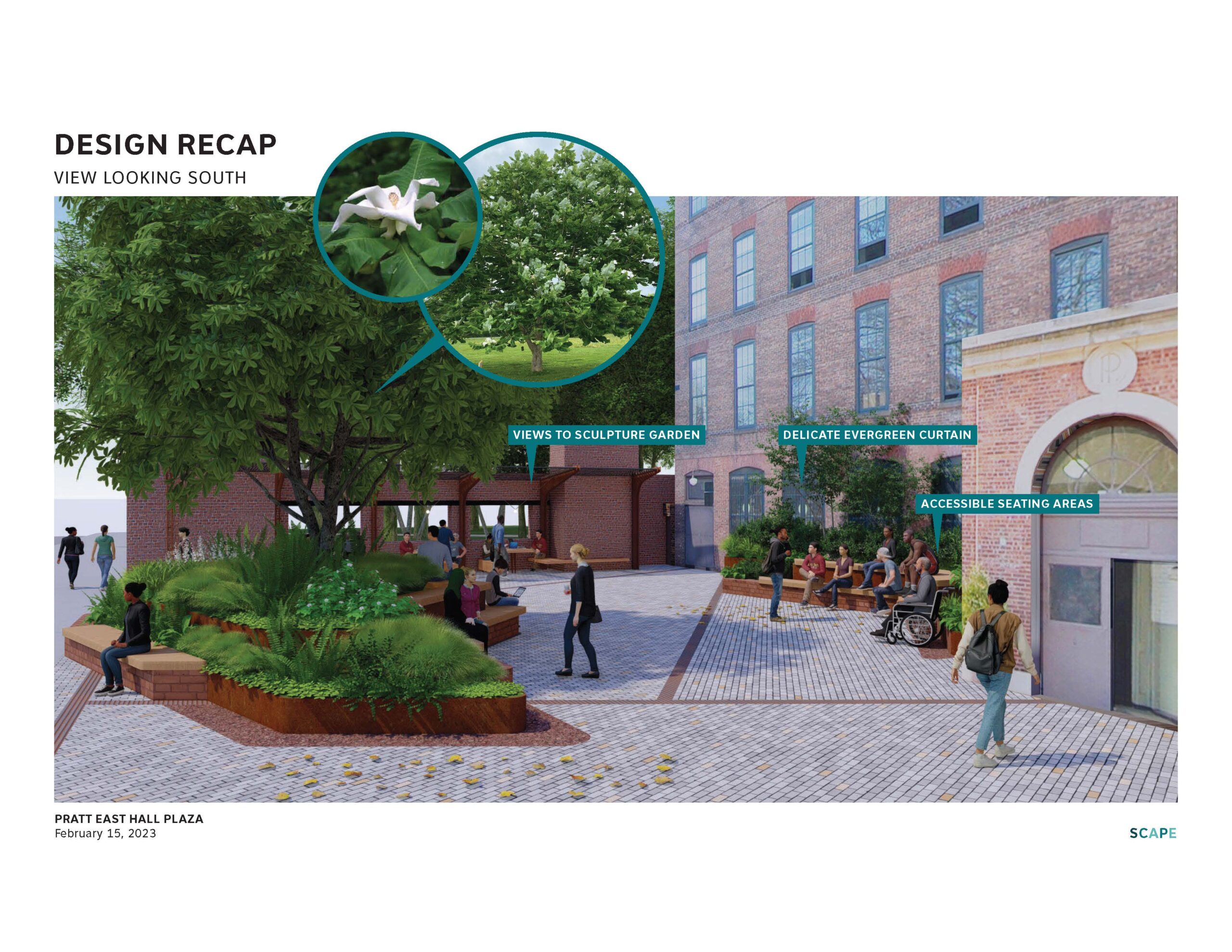Computer design mockup of the new East Hall Plaza. Pedestrian walk across a cobble stone plaza with greenery and trees on the left and a building on the right.