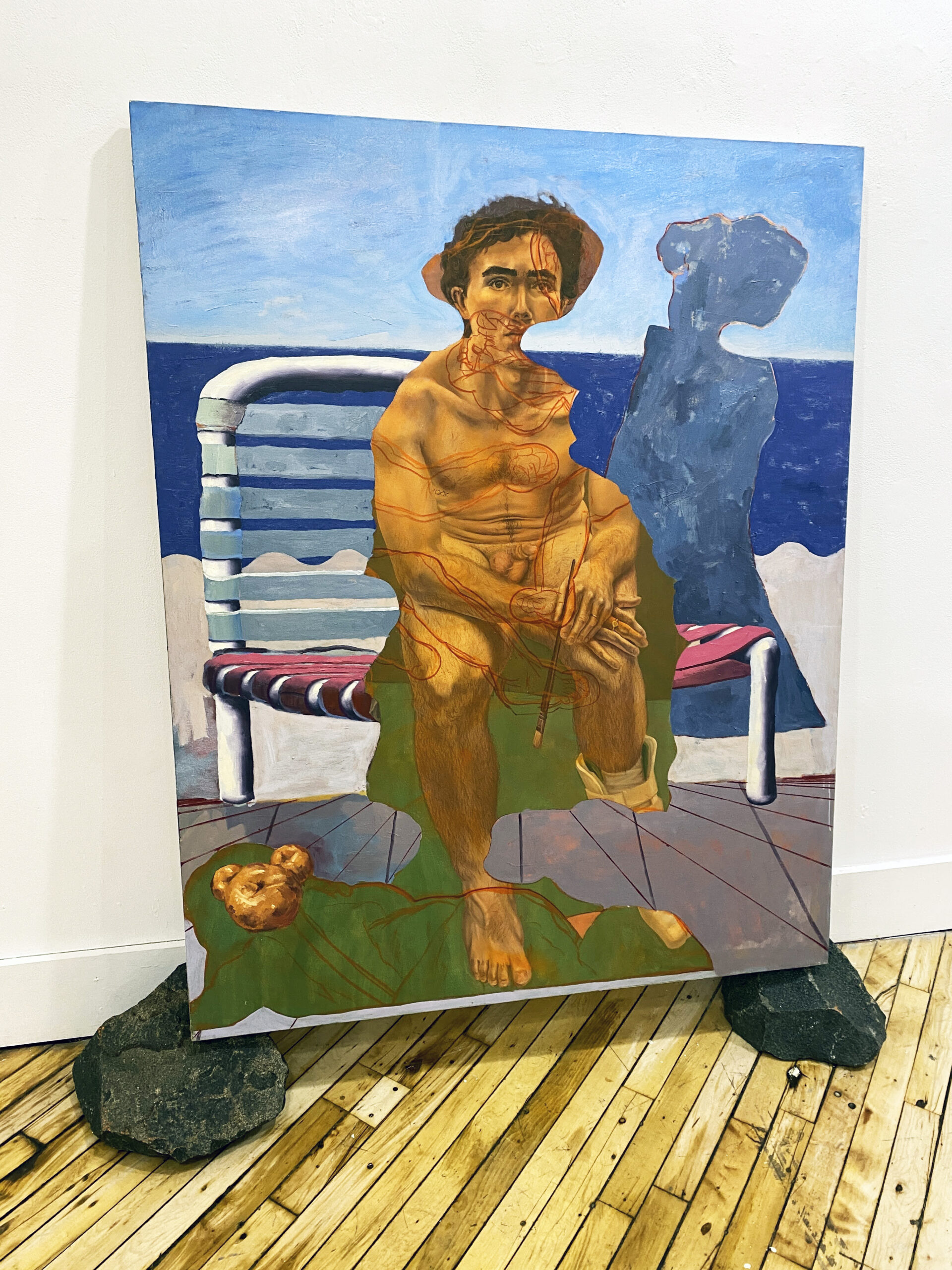 A painting of nude man sitting on a beach chair.