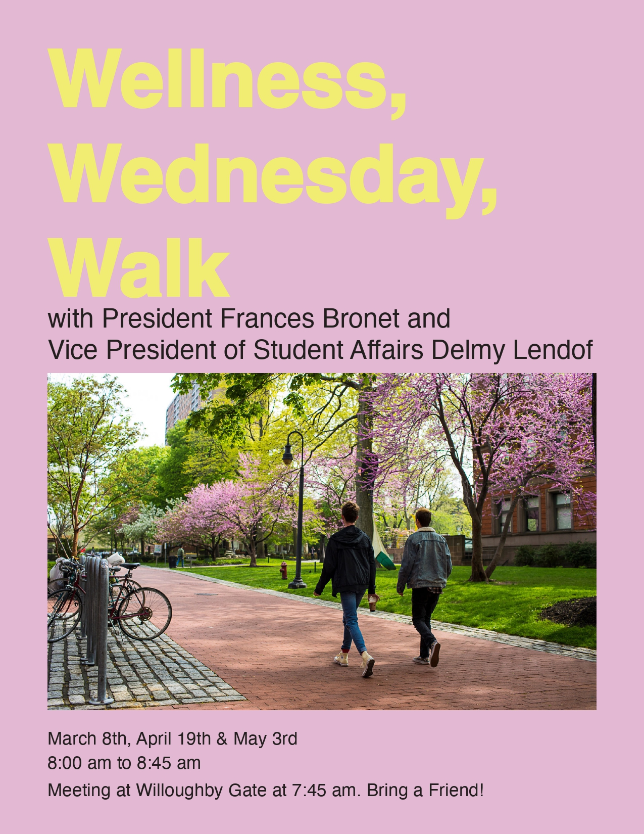 Poster for the Wellness, Wednesday, Walk event. It has a pink background and an image of two students walking is placed below the title.