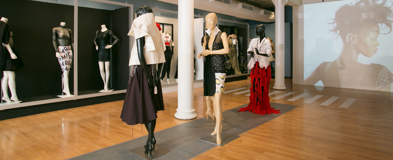 Installation view of ‘Black Dress: Ten Contemporary Fashion Designers’ at Pratt Manhattan Gallery (photo by M. Alexander Weber)