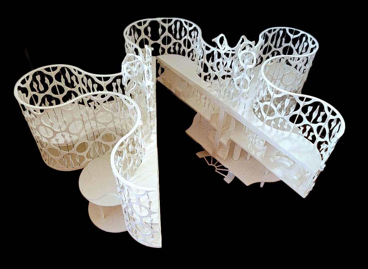 Supermodel of modular structure with integrated wind-turbine-powered facade 3D printed at ¼-inch scale by research assistant Silvia Deng, BArch ’23, part of NYC Future Perfect: Wind Power and The Waterfront that will be in ROH 2023 (photo by Cole Bernstein, BArch ’25, Pratt School of Architecture Undergraduate Architecture Archives)