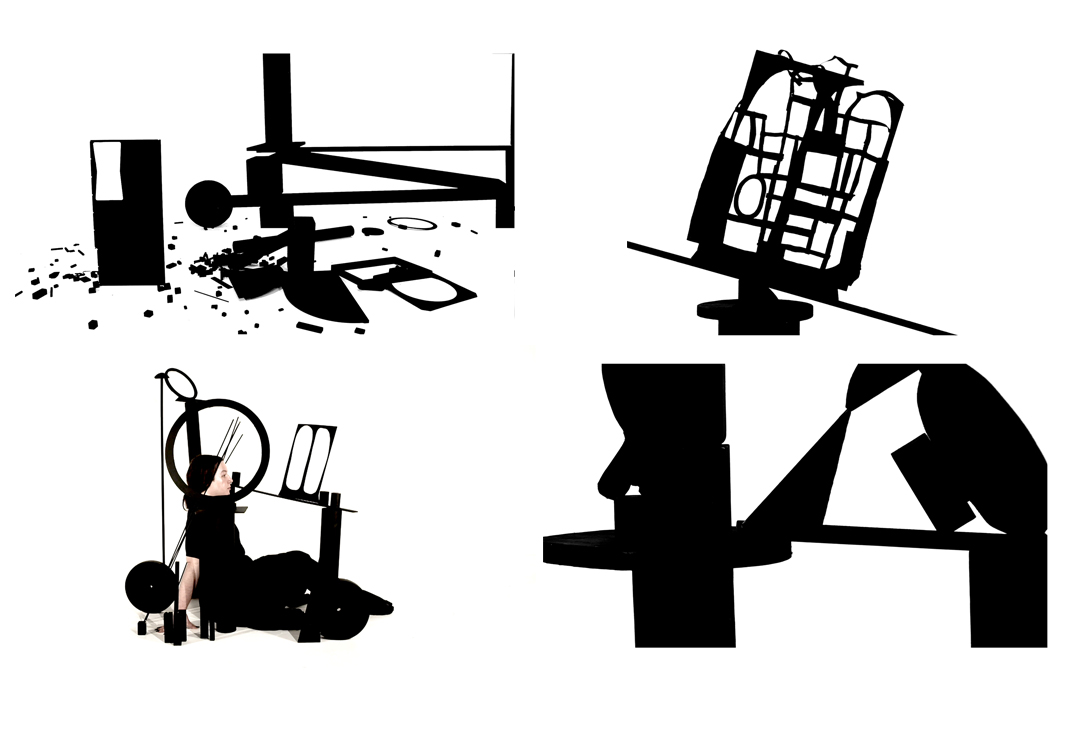 Sketches in black ink against a white background. There are four drawings, each within a corner of a rectangular background.