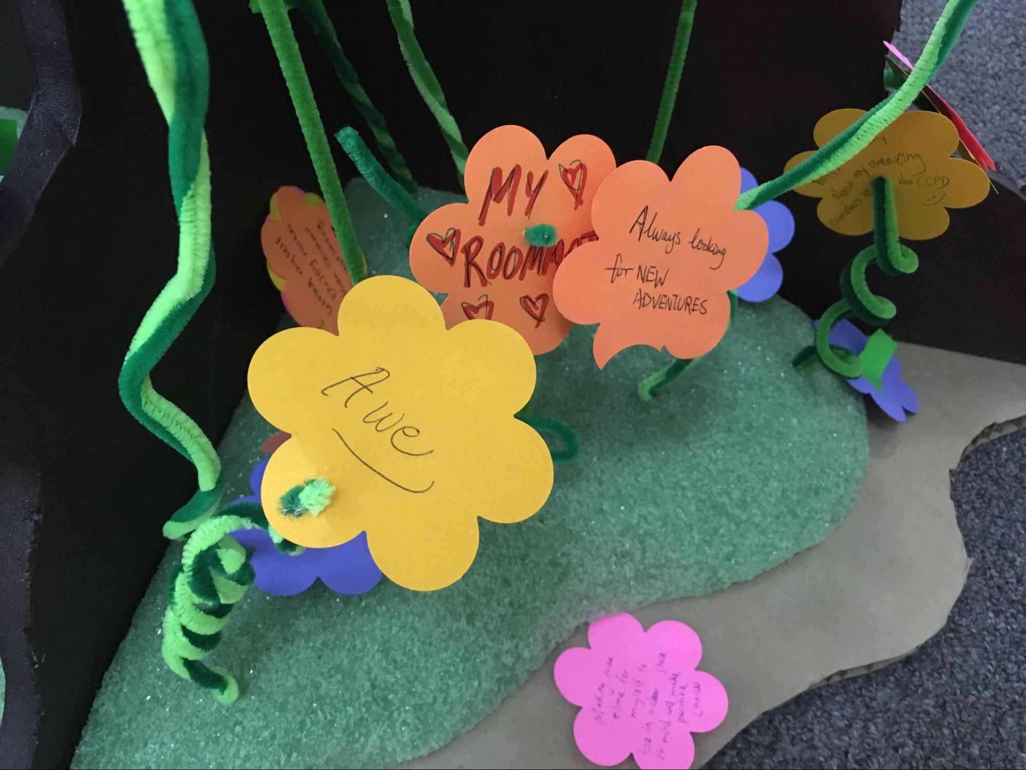 a pincushion with messages to someone written on paper notes attached to pins