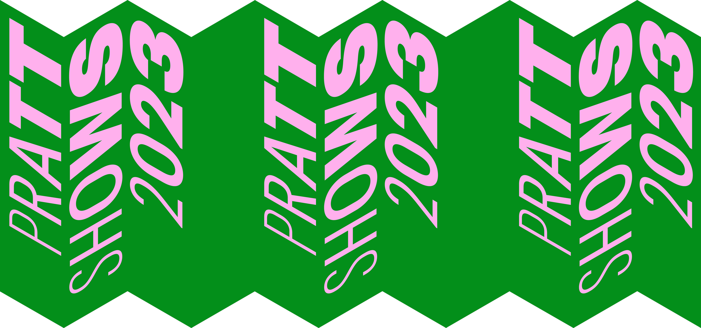 A graphic showing the words, Pratt Shows 2023, in pink repeating on a green background