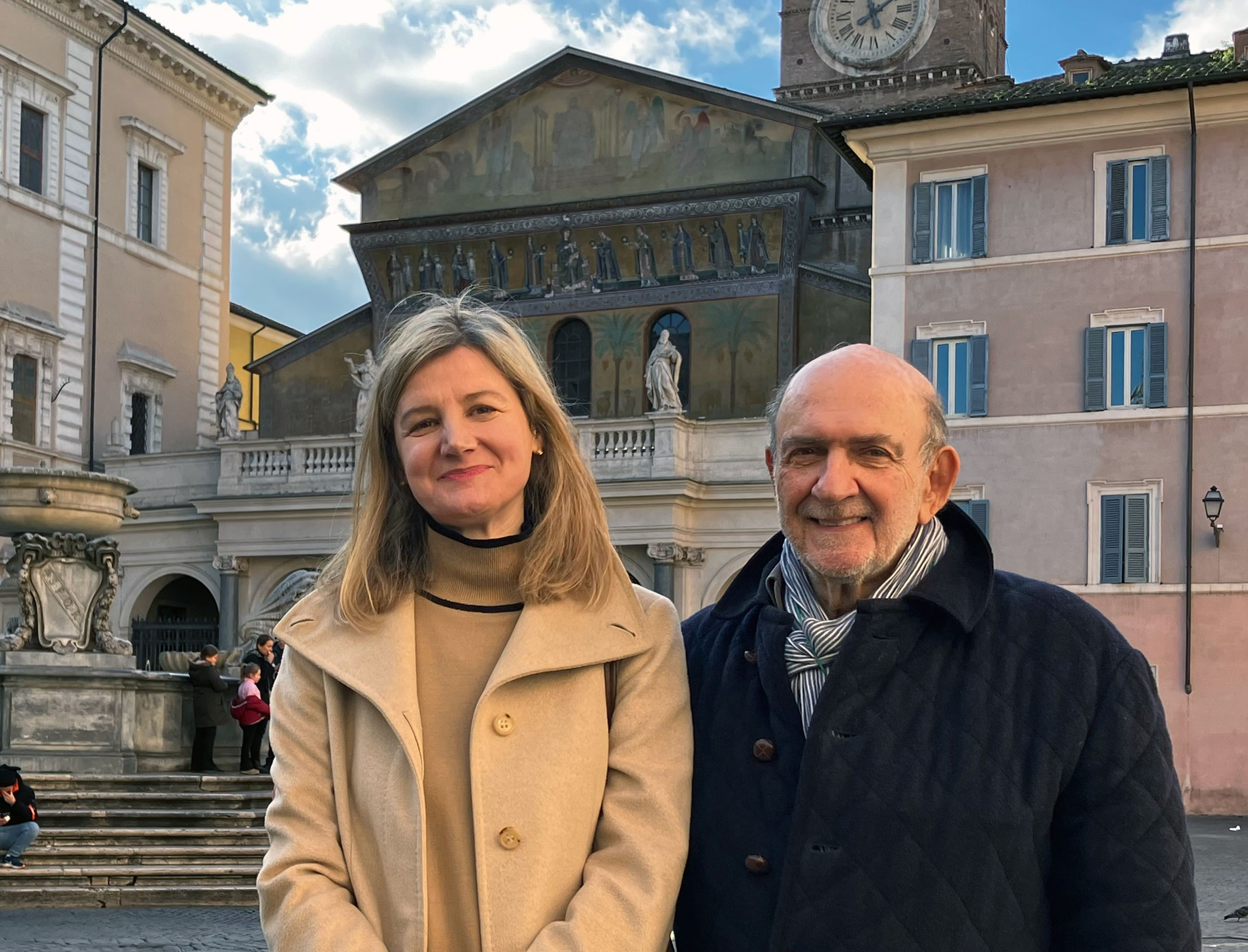 Incoming Academic Director of the Undergraduate Architecture Pratt Rome Program Federica Vannucchi with Richard Piccolo, the outgoing academic director, in the Piazza di Santa Maria in Trastevere in Rome