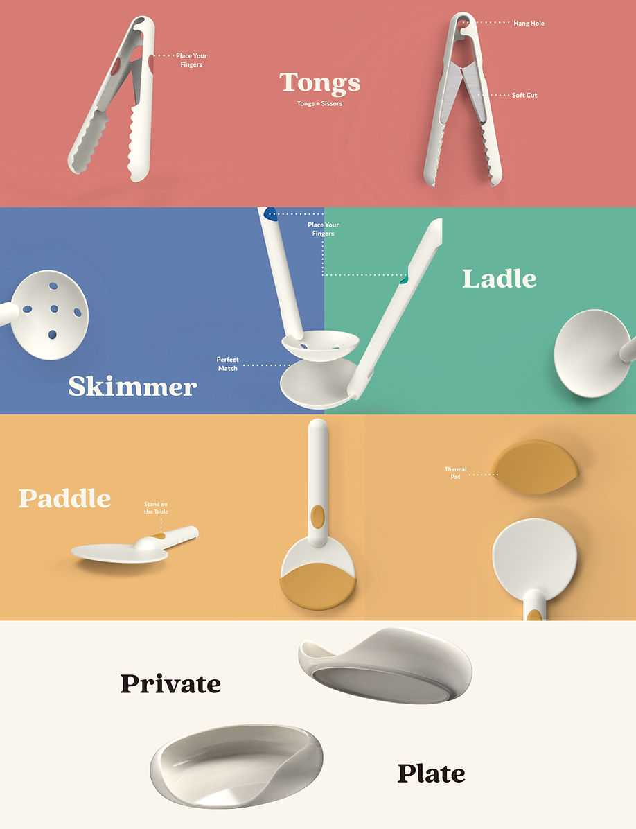 An image showing the different utensils and plates. The top row shows the tongs and its features: where to place your fingers, the hang hole, and a soft cut scissor. The second row shows the skimmer and ladle which nest inside each other and have convenient place to put your fingers. The third row shows the rice paddle. The fourth row shows a plate with the words, Private Plate.