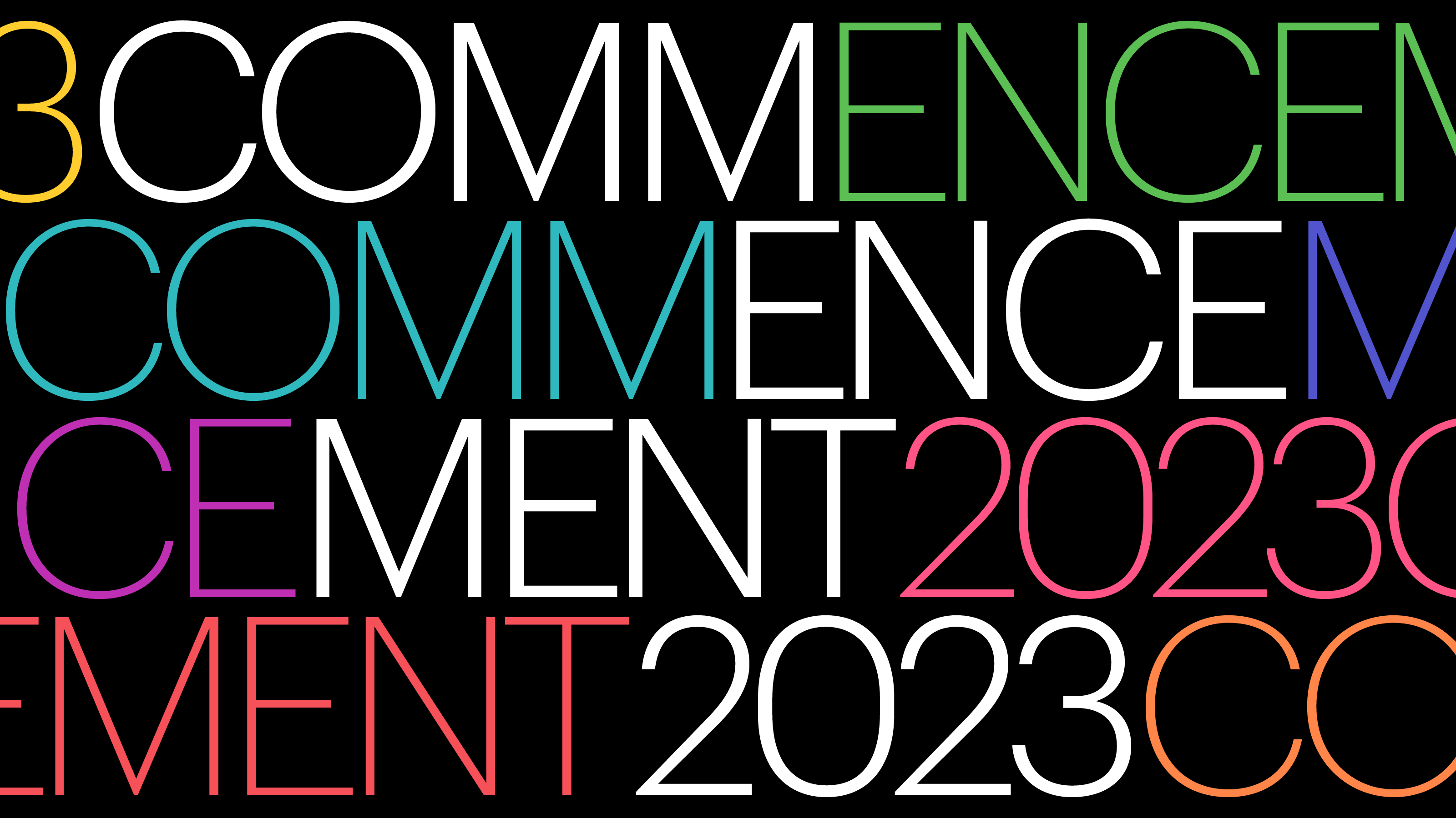 commencement 2023 logo image, with the word commencement stacked vertically, but offset, with various colors for each syllable in the word commencement