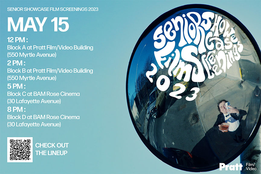 flyer for event, depicting a psychedelic inspired mirror ball with a student standing in front of it, with event information listed