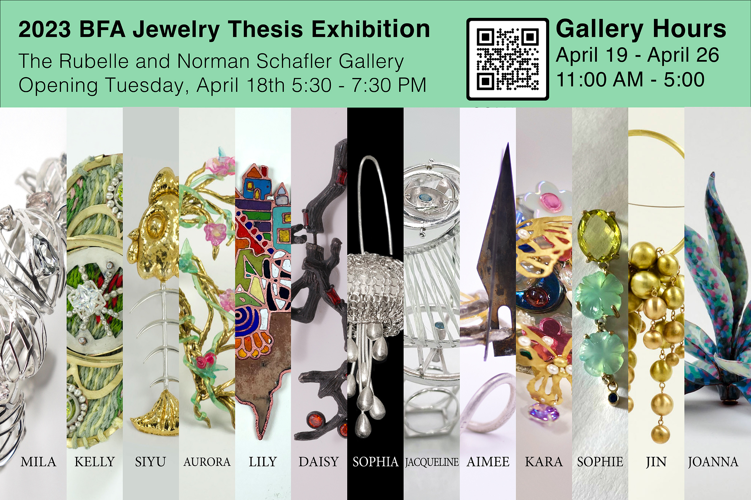 2023 BFA Jewelry Thesis Exhibition poster. There are cropped images of the jewelry produced by participants placed next to one another.