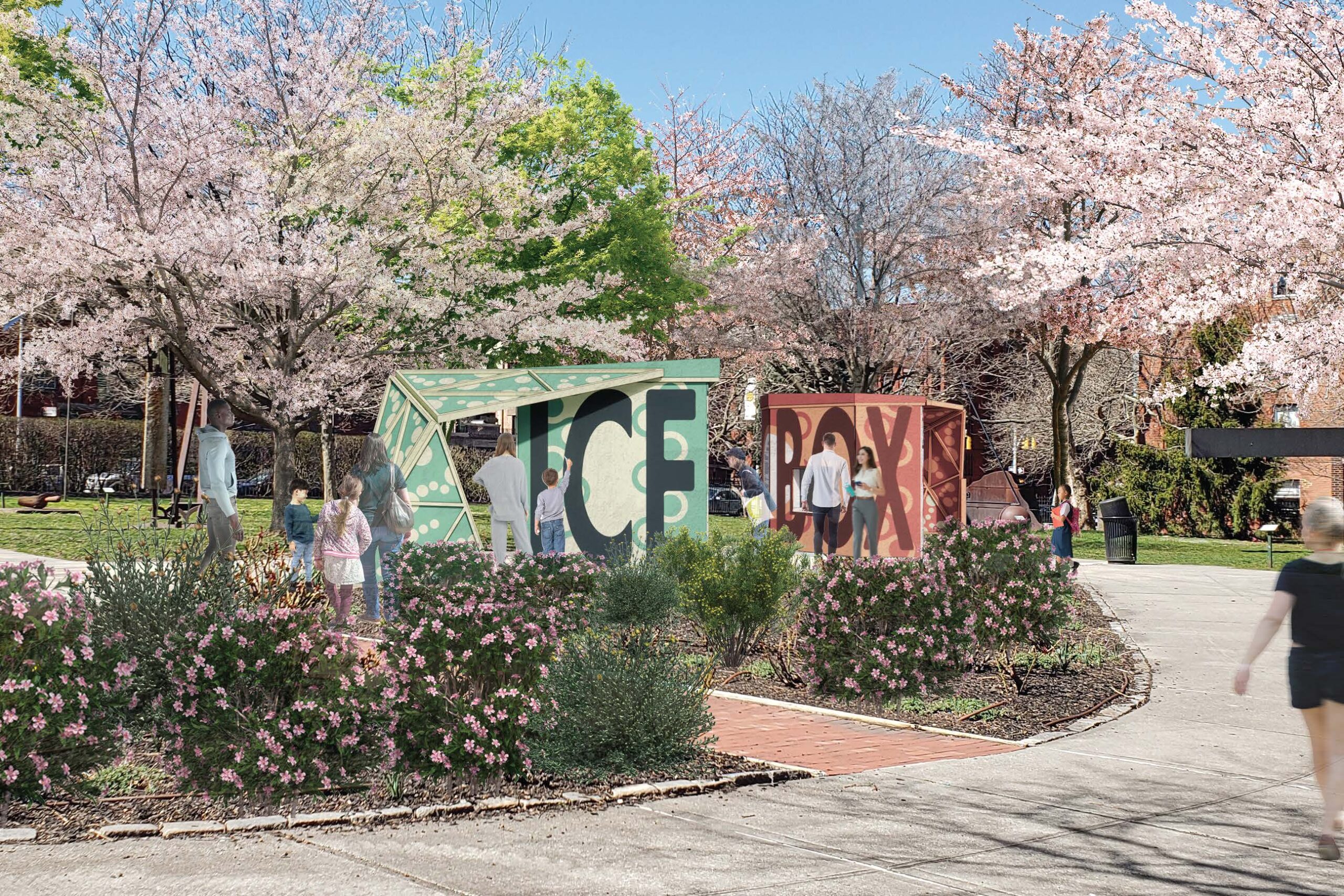 Render of pratt campus, with depiction of icebox event, on lawn, with large banner. Two structures with the words