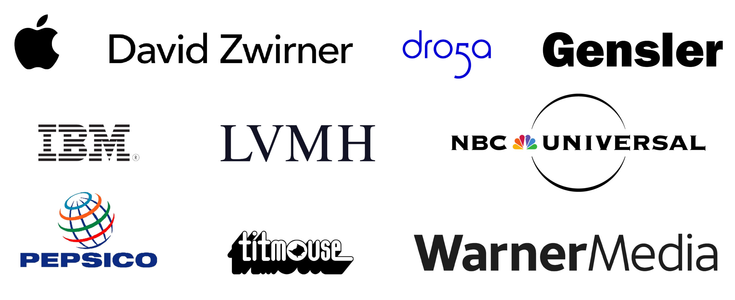 company logos, apple, david zwirner, droga, gensler, ibm, lvmh, nbc universal, warner media