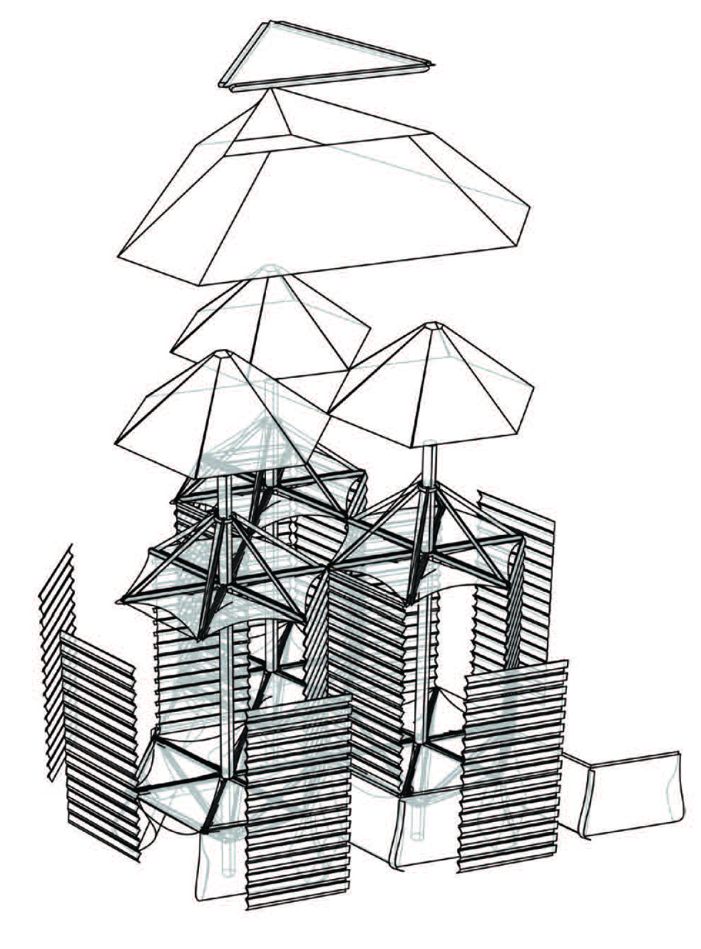 Exploded 3D drawing of work by William Katavolos