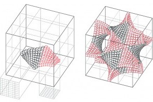 monochromatic schematic of structures, two gridded cubes, with organic structures inside of them