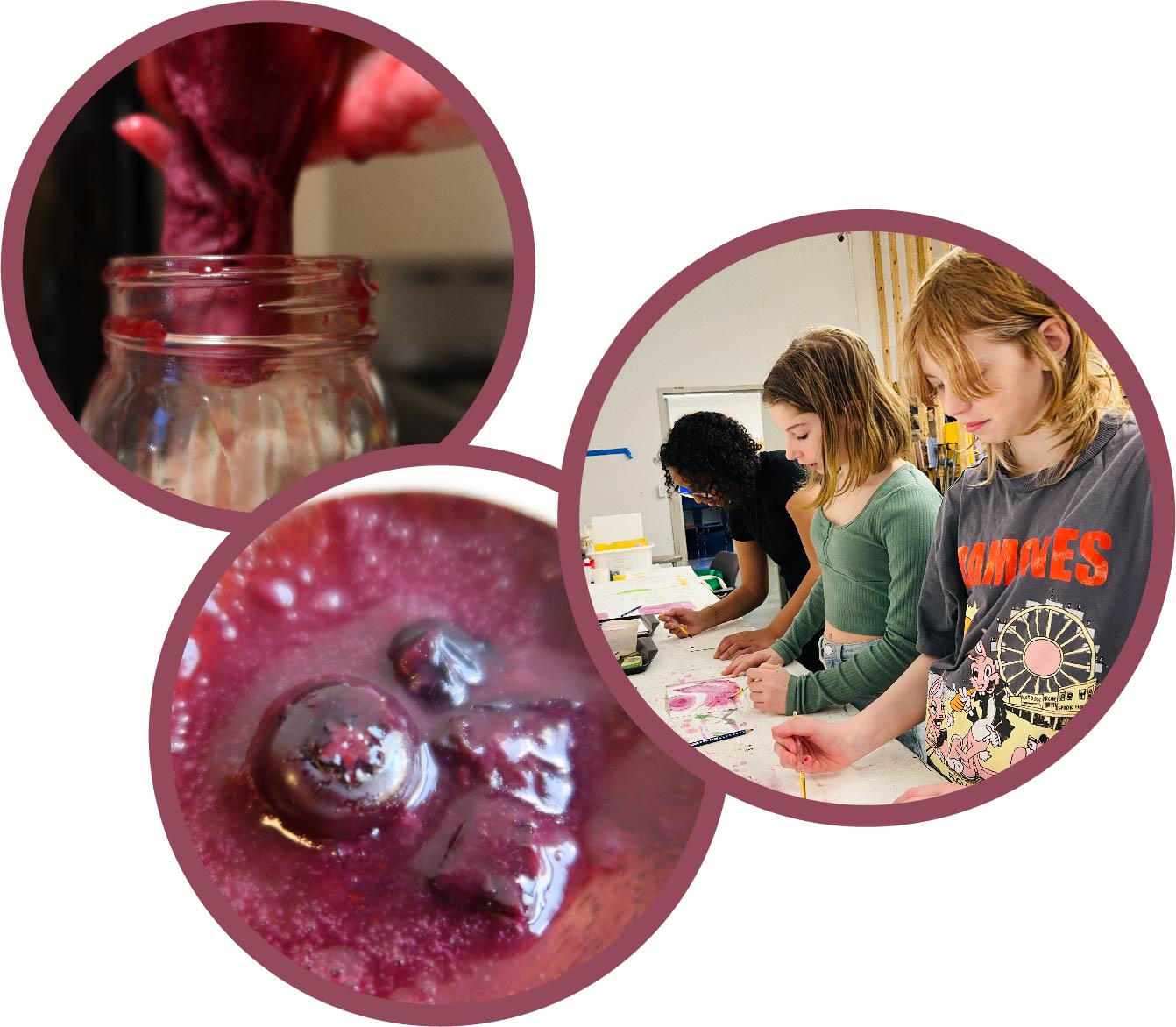 three images, inside of circles, against a white background, one image of a mason jar in a workshop, one image of students learning, one image of a raised indentation