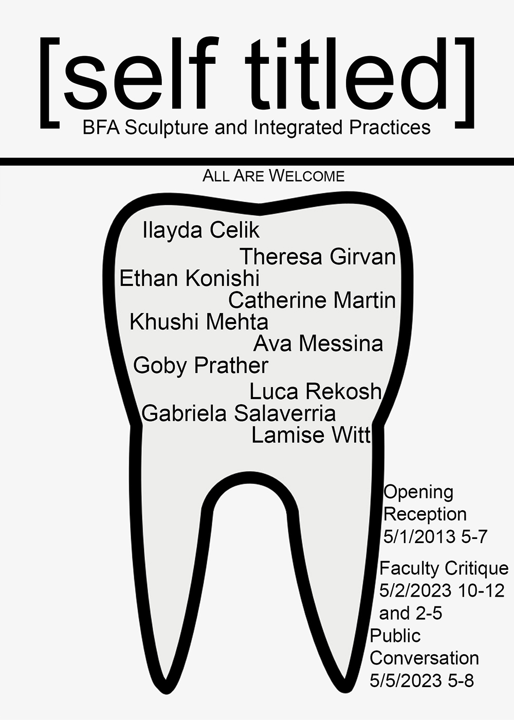 flyer for event depicting the outline of a tooth, with featured artists names, done in a zine style