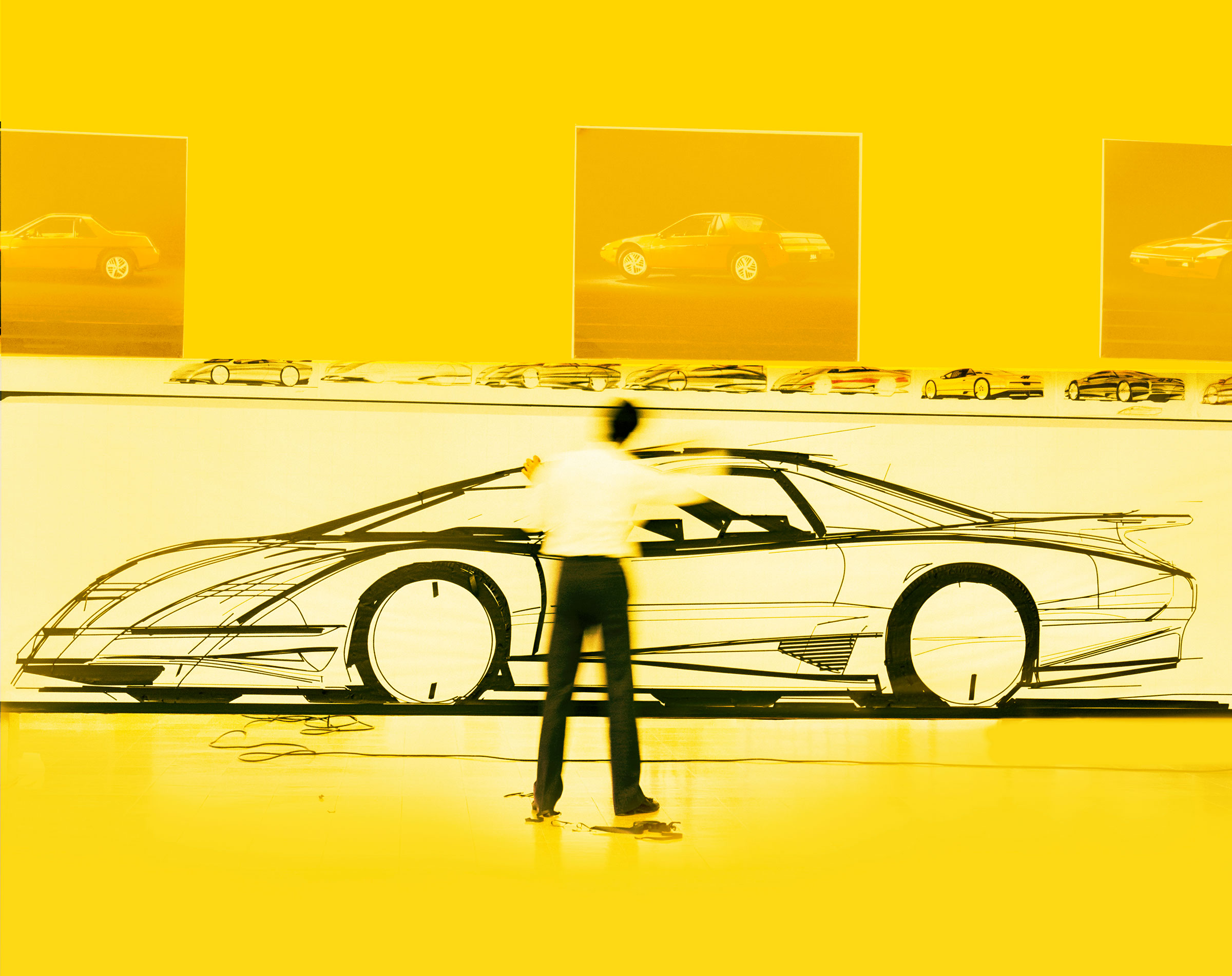 A “tape drawing” by designer John Cafaro, BID ’77, for the Pontiac F-body program that would result in the Pontiac Firebird (1984) (courtesy GM)
