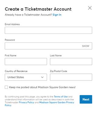create a ticketmaster account screenshot