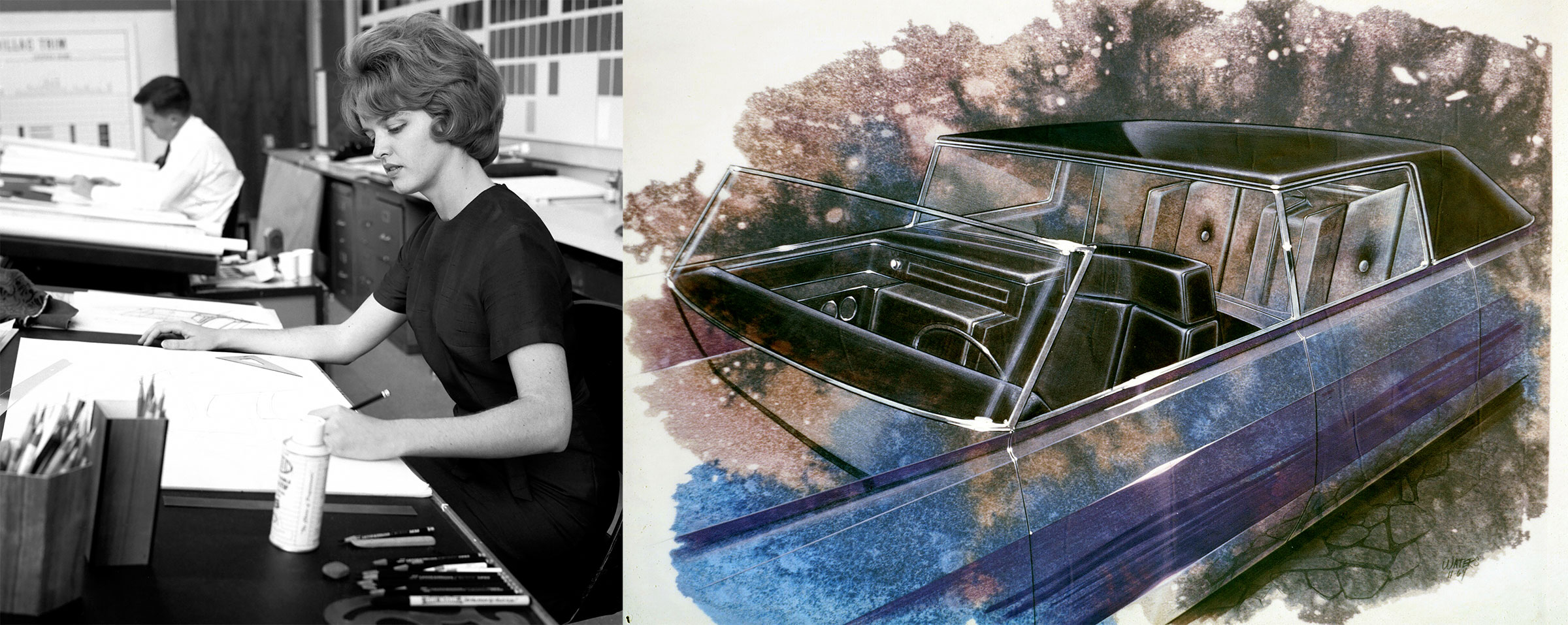 Pamela Waters, BID ’63, at work in the Cadillac Interior studio (10/28/1964); Cadillac limousine interior by Pamela Waters (11/1964), digital print from original rendering, pencil, ink, gouache on vellum (courtesy GM)