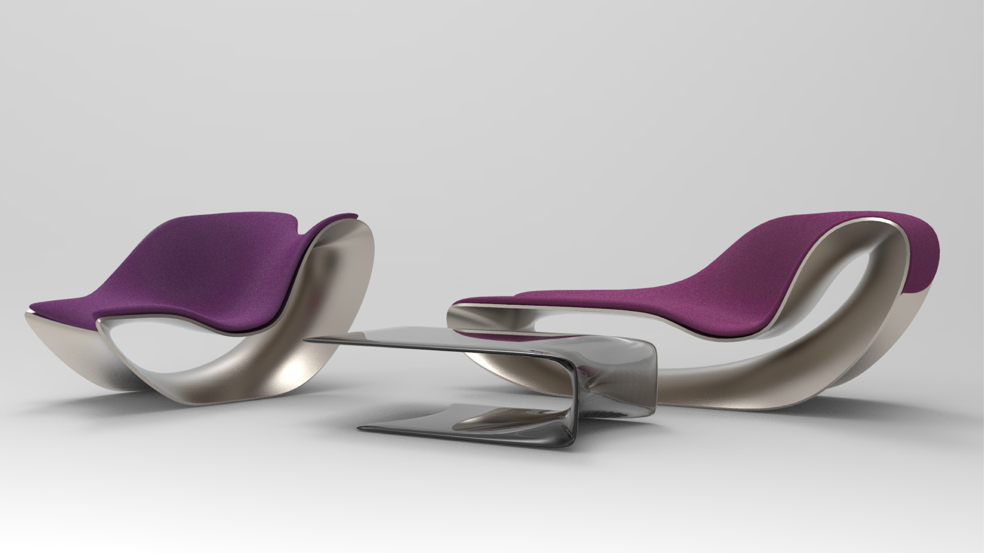 a rendering of two chairs and a coffee table made of swooping curved planes with empty centers. the chairs have purbple cushions