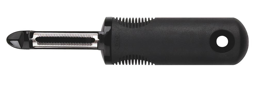 a stubby potato peeler with a black handle