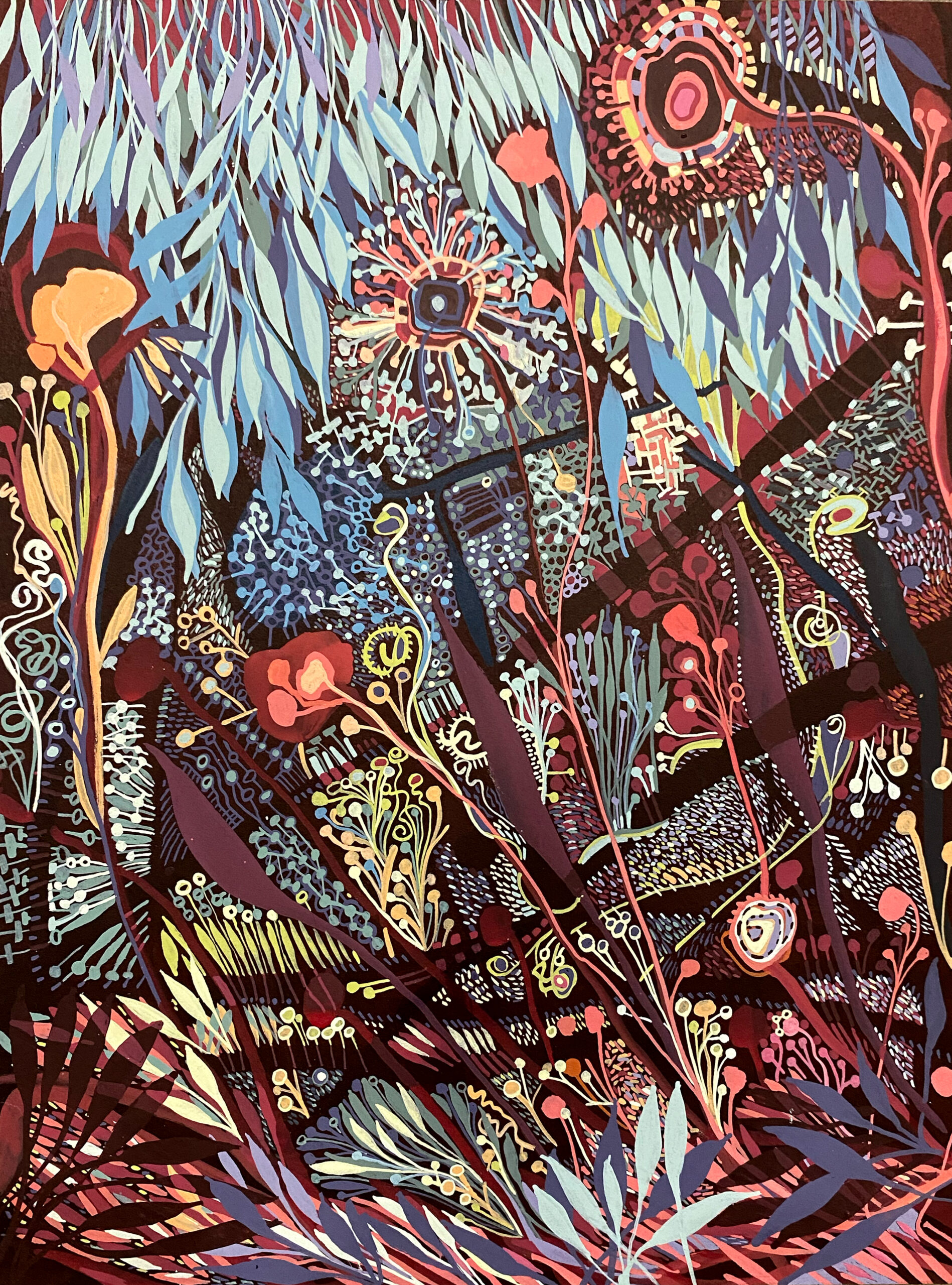 An abstract painting resembling a natural landscape, featuring blue and purple leaves, and blue flowers with red stems, amongst other colors and patterns.