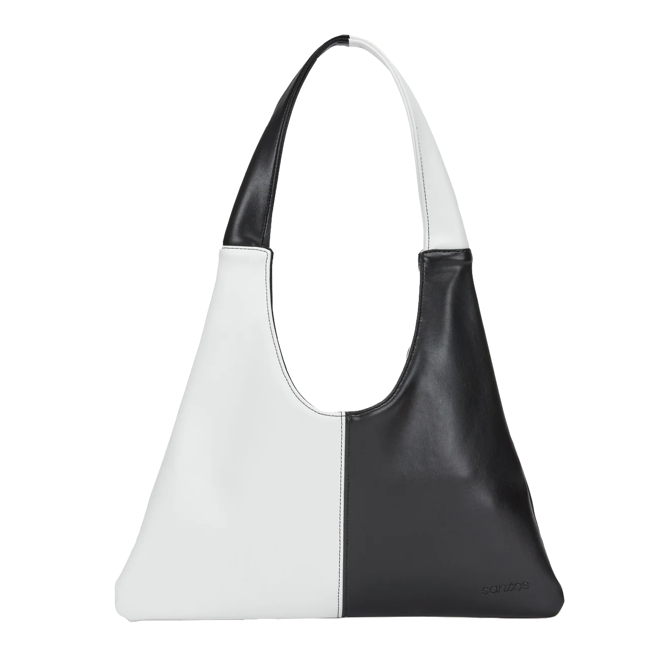 A triangular leather purse, where the left side had a white body with a black handle, and the left side had a black body with a white handle.