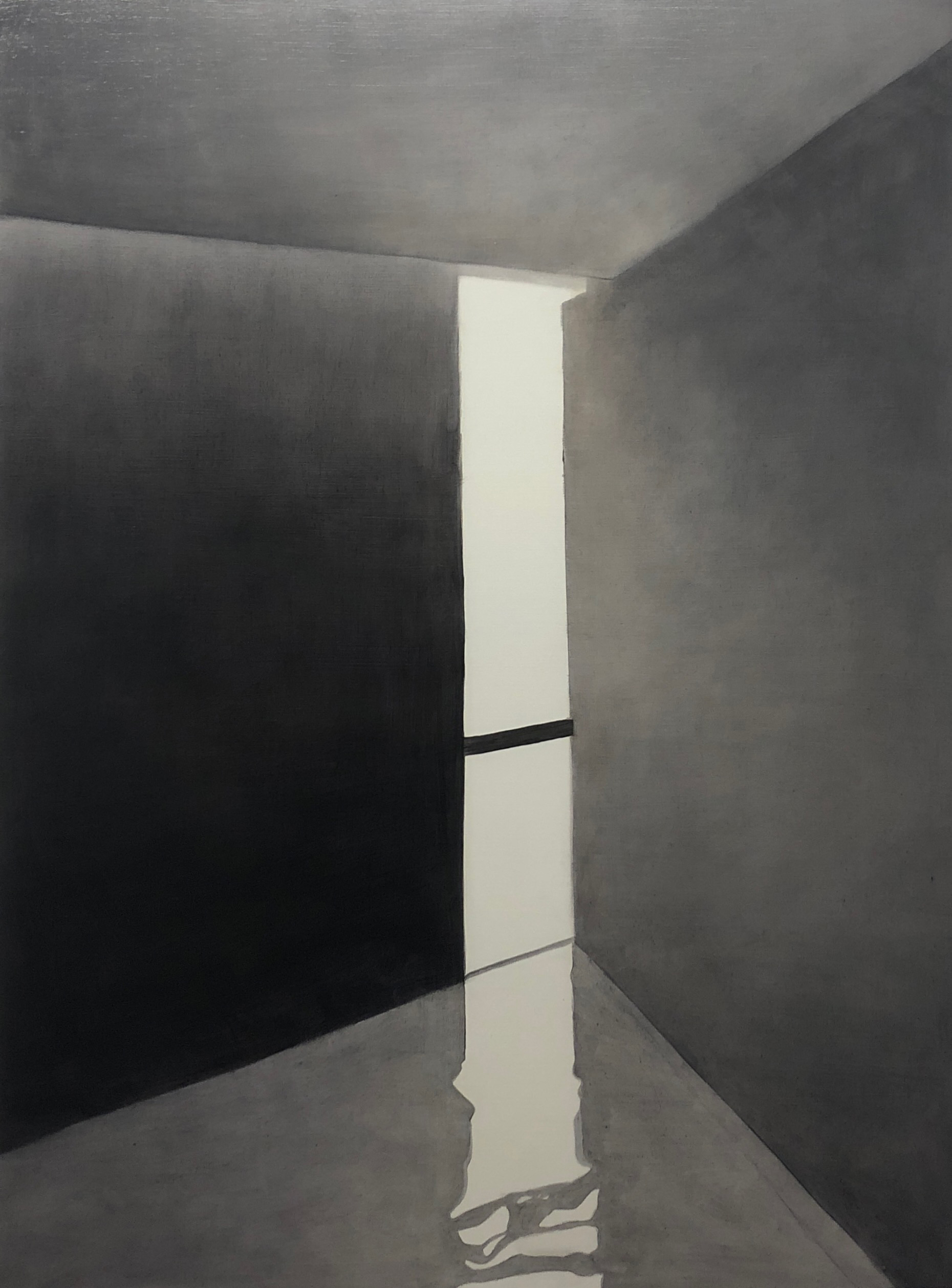 a mostly greyscale painting, depicting a view from inside of a room, with the ground submerged in water, with the front wall door open slightly, showing the scene outside of the room, with a white wall and submerged water