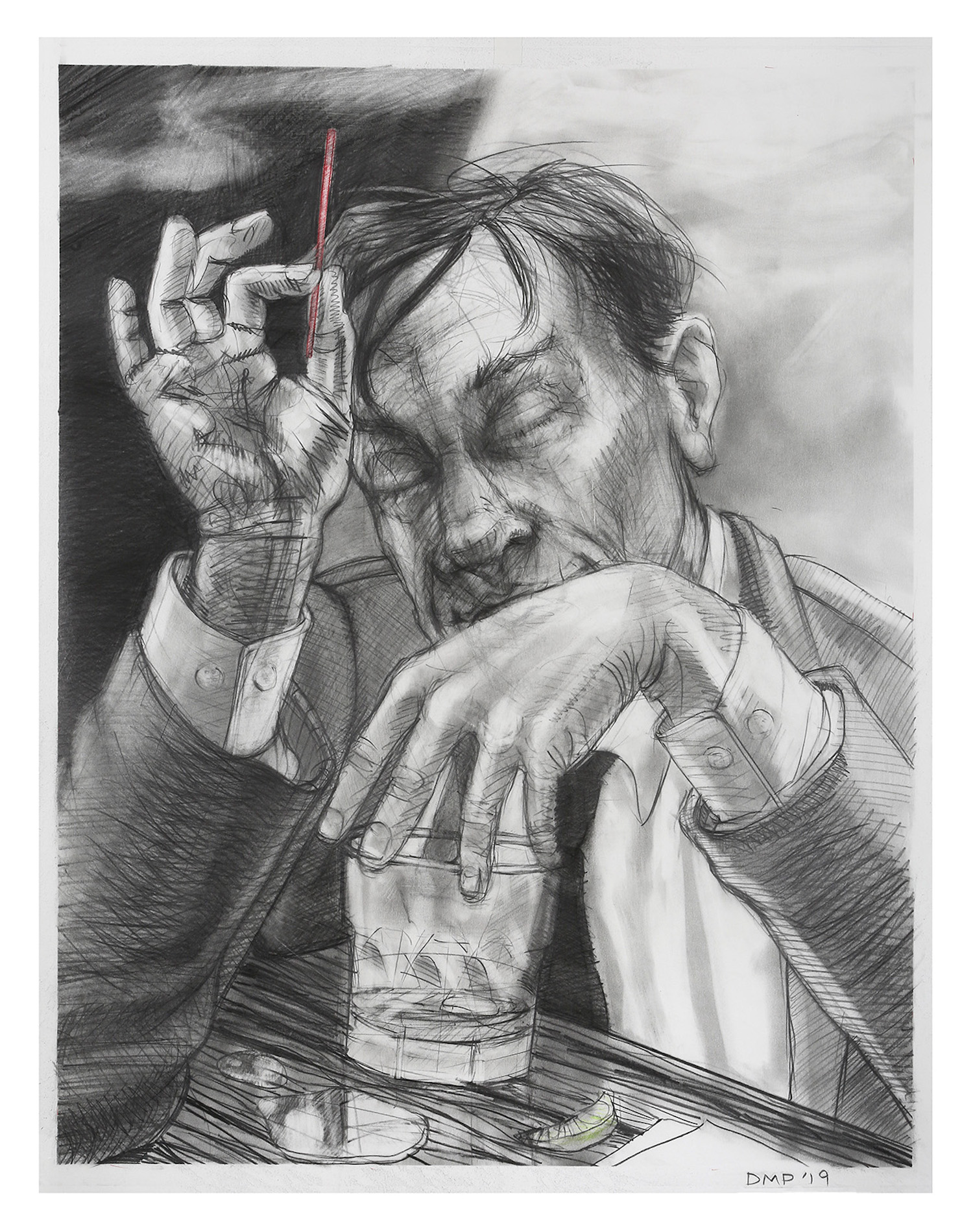 A pencil drawn sketch of a person in a suit at a bar with their eyes closed, holding a drink in their left hand and a straw to their forehead with their right hand. The straw is red, and there is a lightly colored green lime on the table, the only colored objects in the sketch.