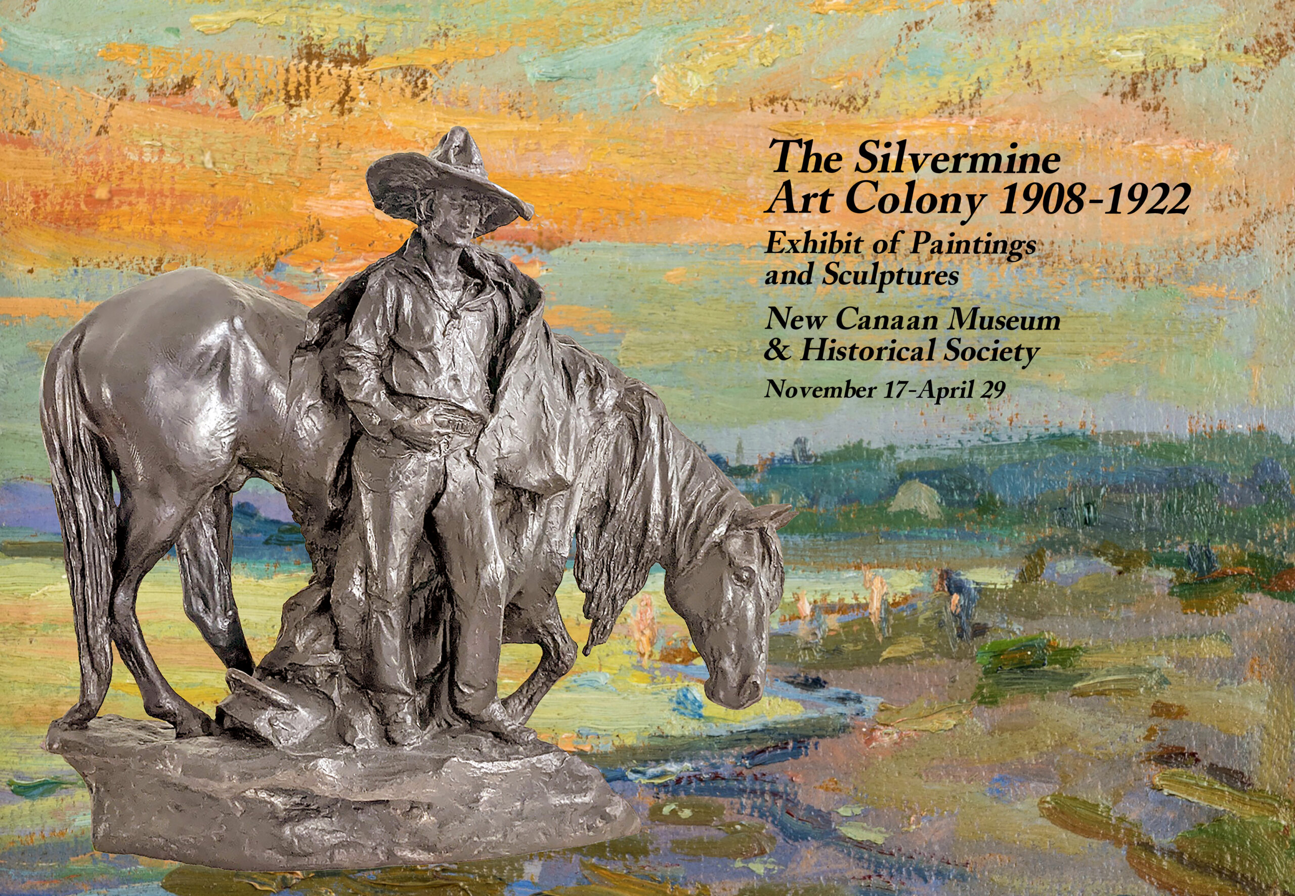 Promotional flier featuring the sculpture “Evening” by Solon Hannibal Borglum, bronze with patina, with a painting of a rural environment as the background.