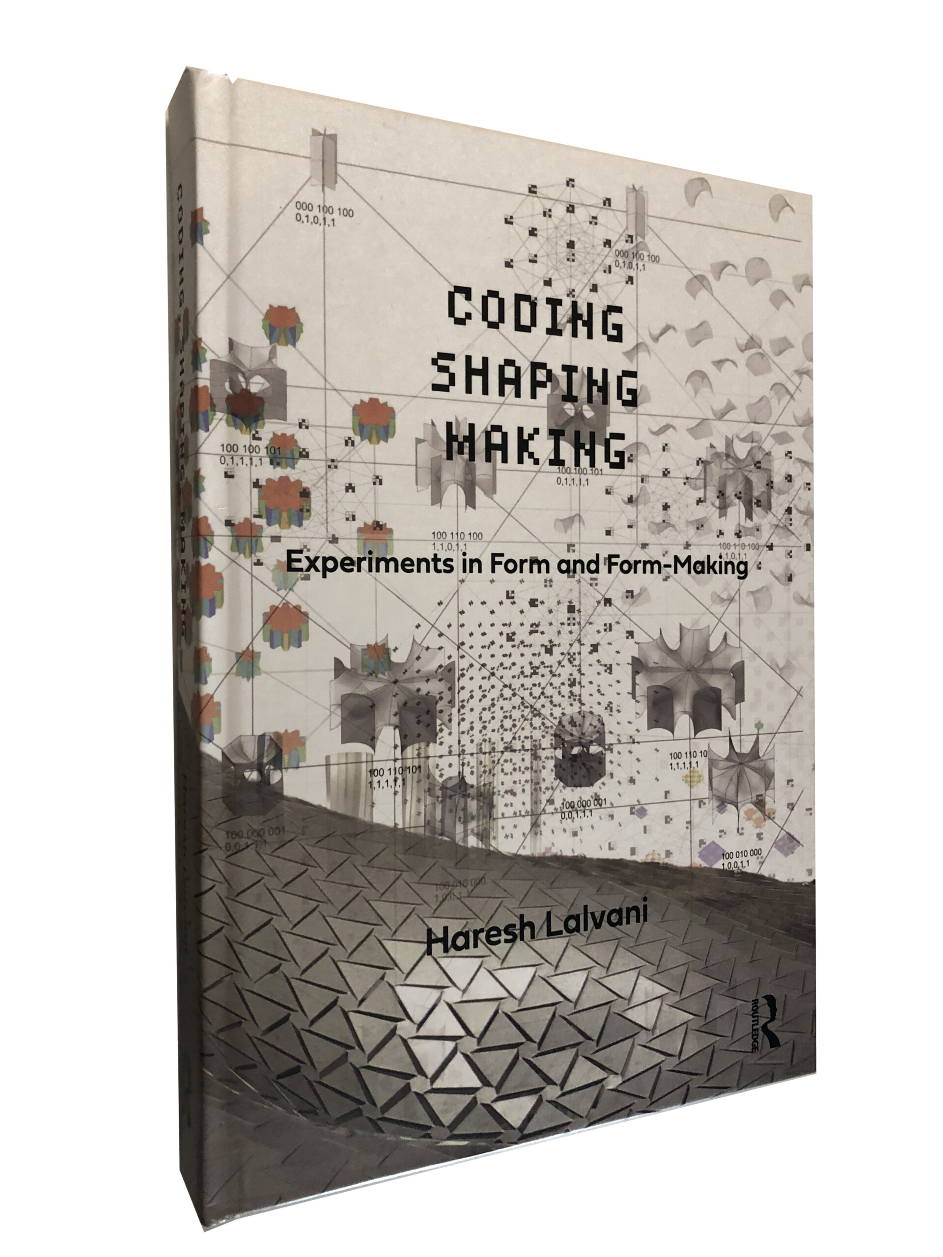 A book cover featuring text in a computer generated style over various images of graphs, abstract gray-scale shapes, and patterns in muted tones and colors.