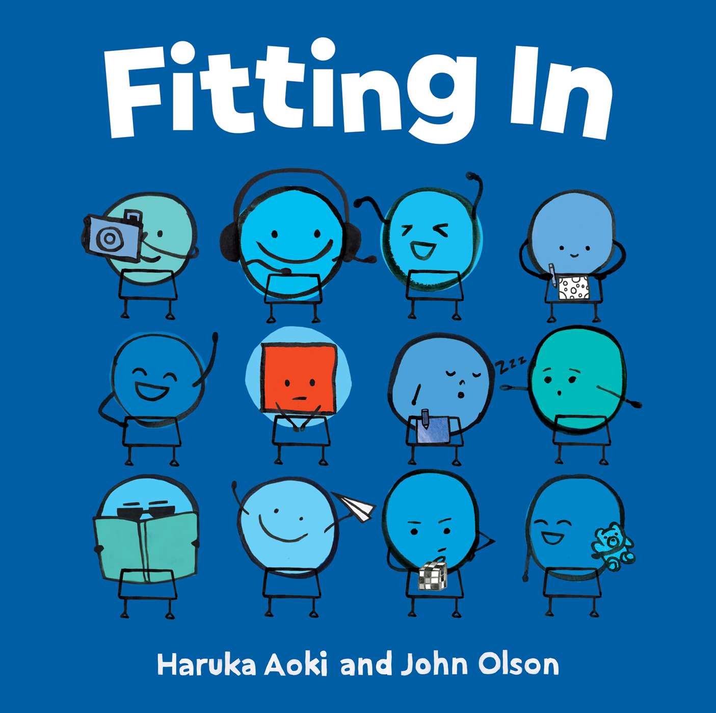 A children's book cover featuring a crowd of smiling and buoyant personified blue circles, with a solemn red triangle turning inward.