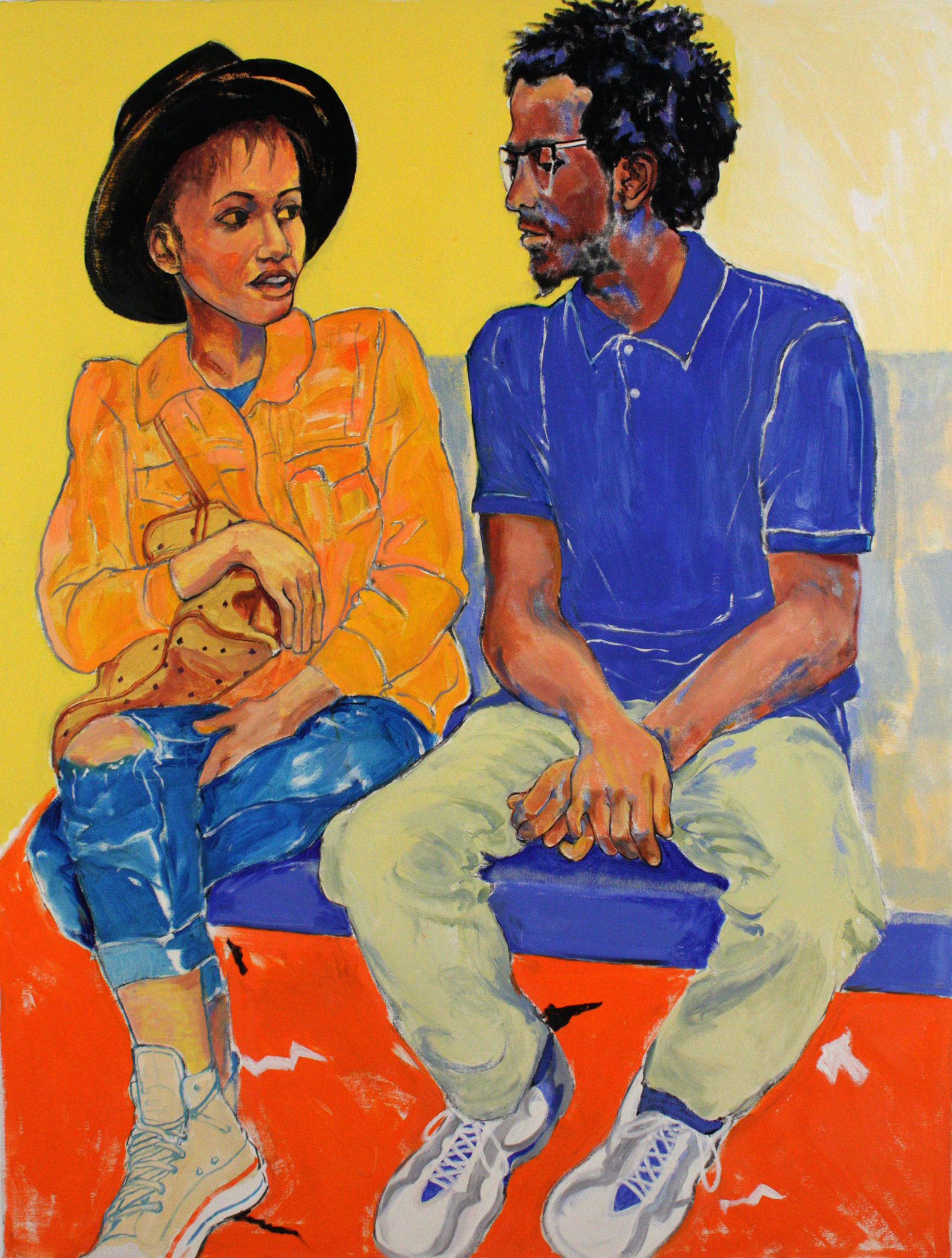 A painting of a person in an orange shirt and a hat look at he person they are sitting next to on a bench, who is wearing a blue shirt and glasses.