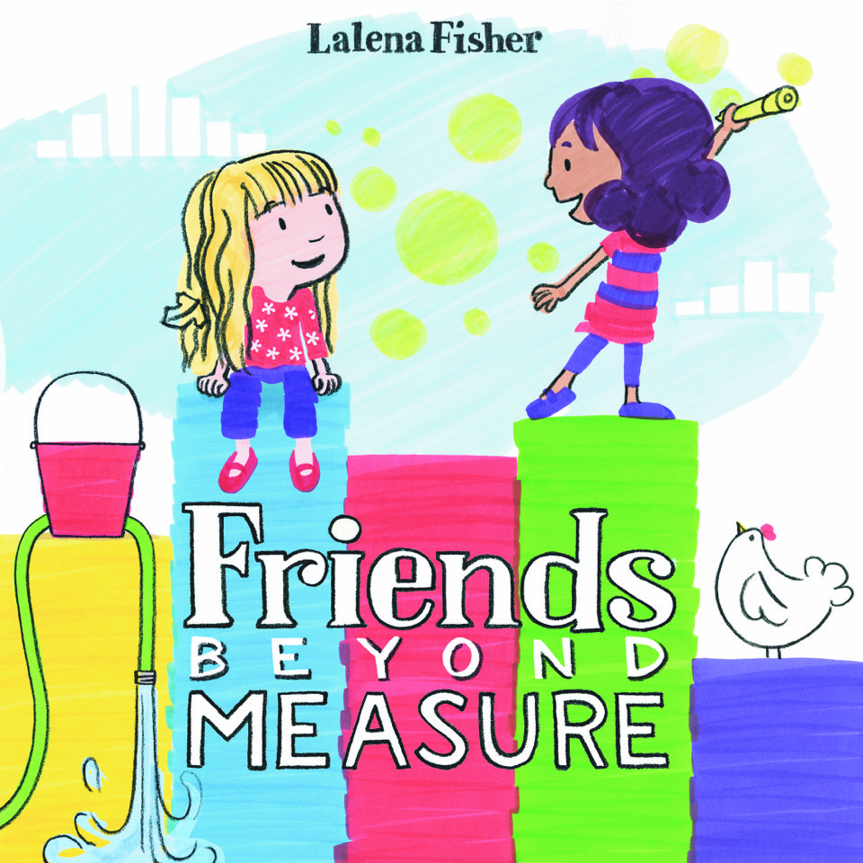 A picture book cover featuring two young people interacting on the columns of a bar graph, between a bucket, hose, and a chicken.
