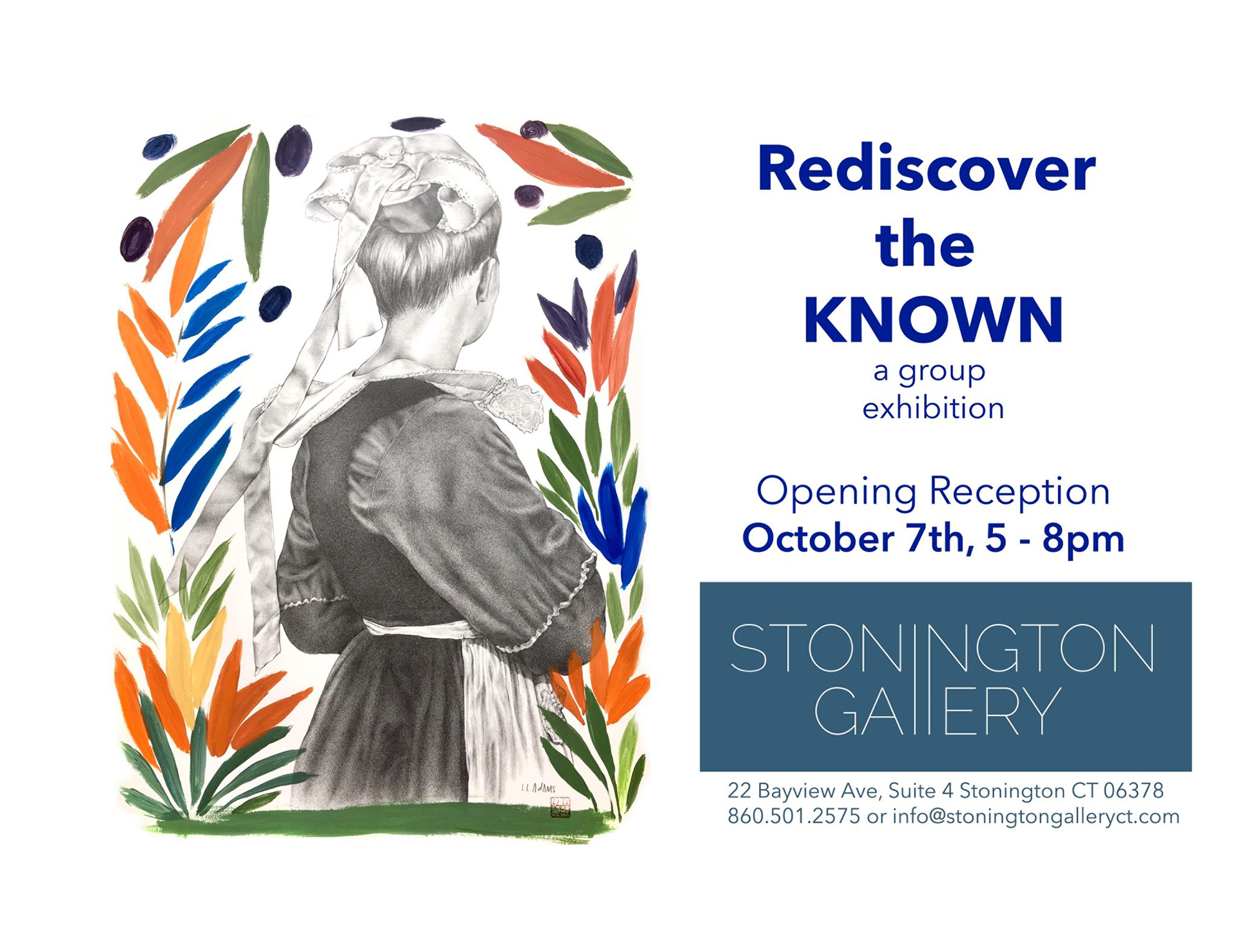 A flier for a group exhibition, featuring a drawing person with their long hair in bows and a dress turned away from the viewer, with colorful paintings of plants surrounding her.