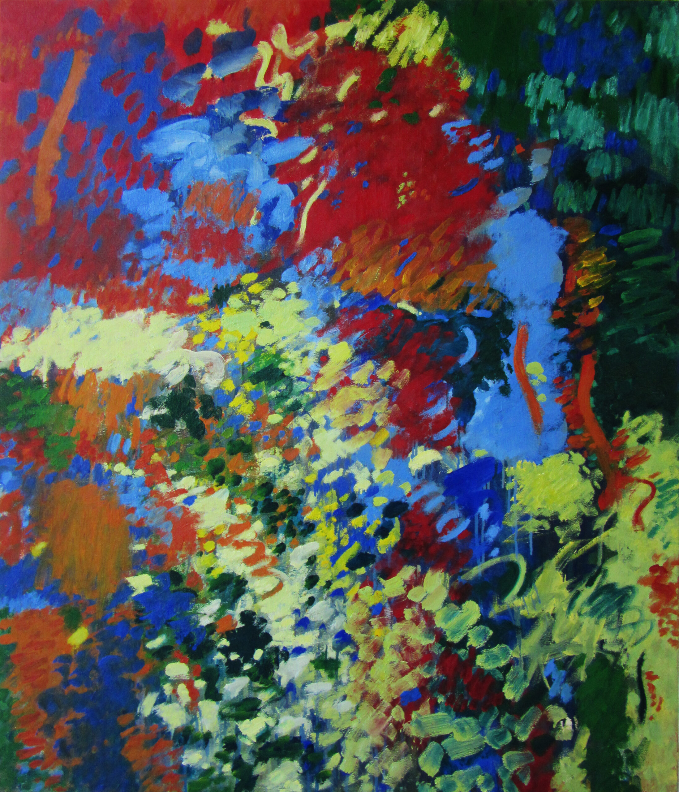 An abstract painting featuring various shades of red, blue, and green