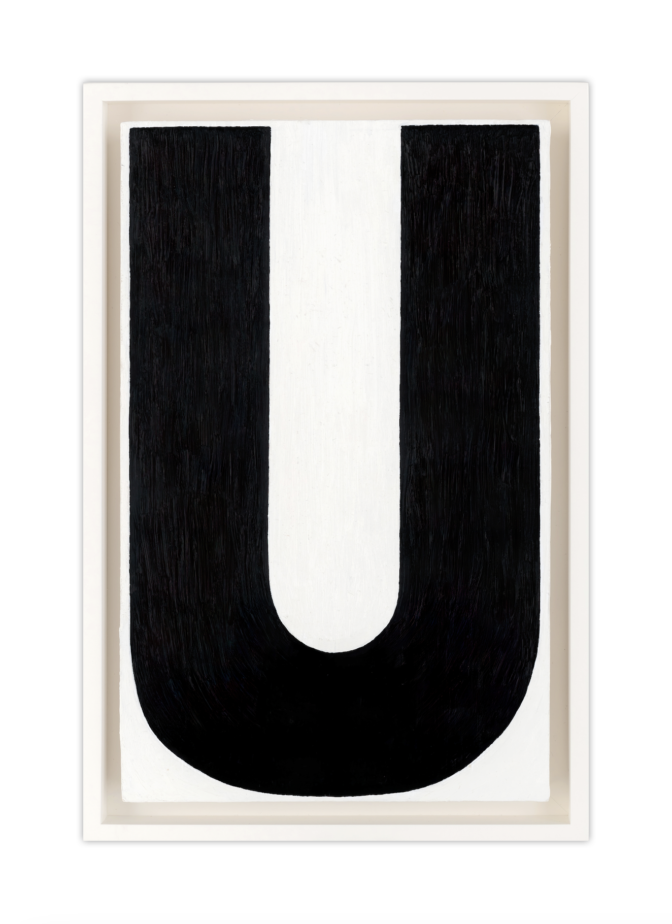 A vertical painting of the letter "U" in black over a white background.