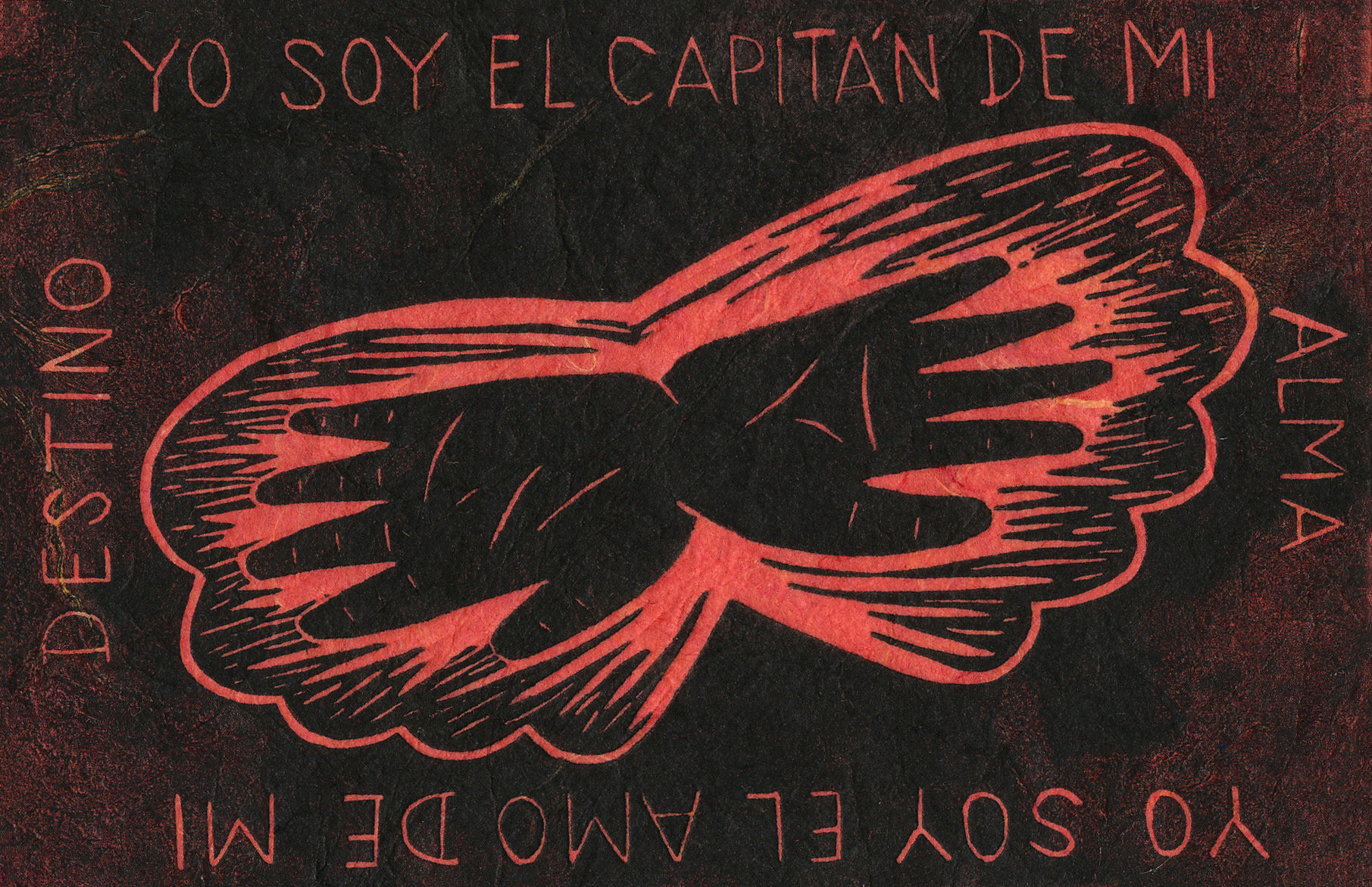 And illustration in black and red, featuring the text "YO SOY EL CAPITÁN DE MI ALMA / YO SOY EL AMO DE MI DESTINO" surrounding two open hands interconnected by each's bottom palm.