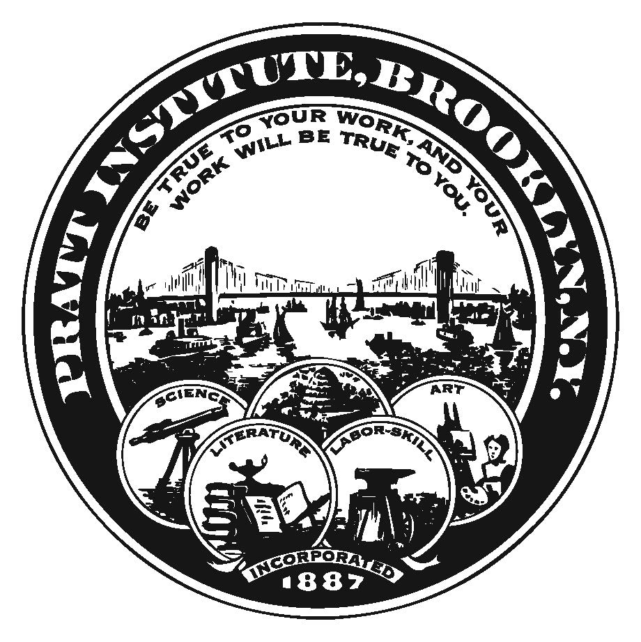 Black and white illustrated seal reading Pratt Institute Brooklyn NY surrounding the Brooklyn Bridge and five circular emblems with a telescope, beehive, person working, anvil, and stack of books