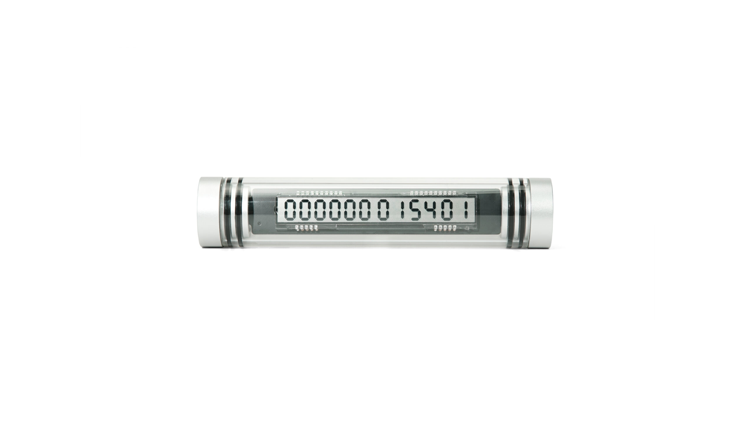 A cylindrical contraption with a glass shaft containing a screen displaying a row of computer-generated numbers, contained by two metal caps.