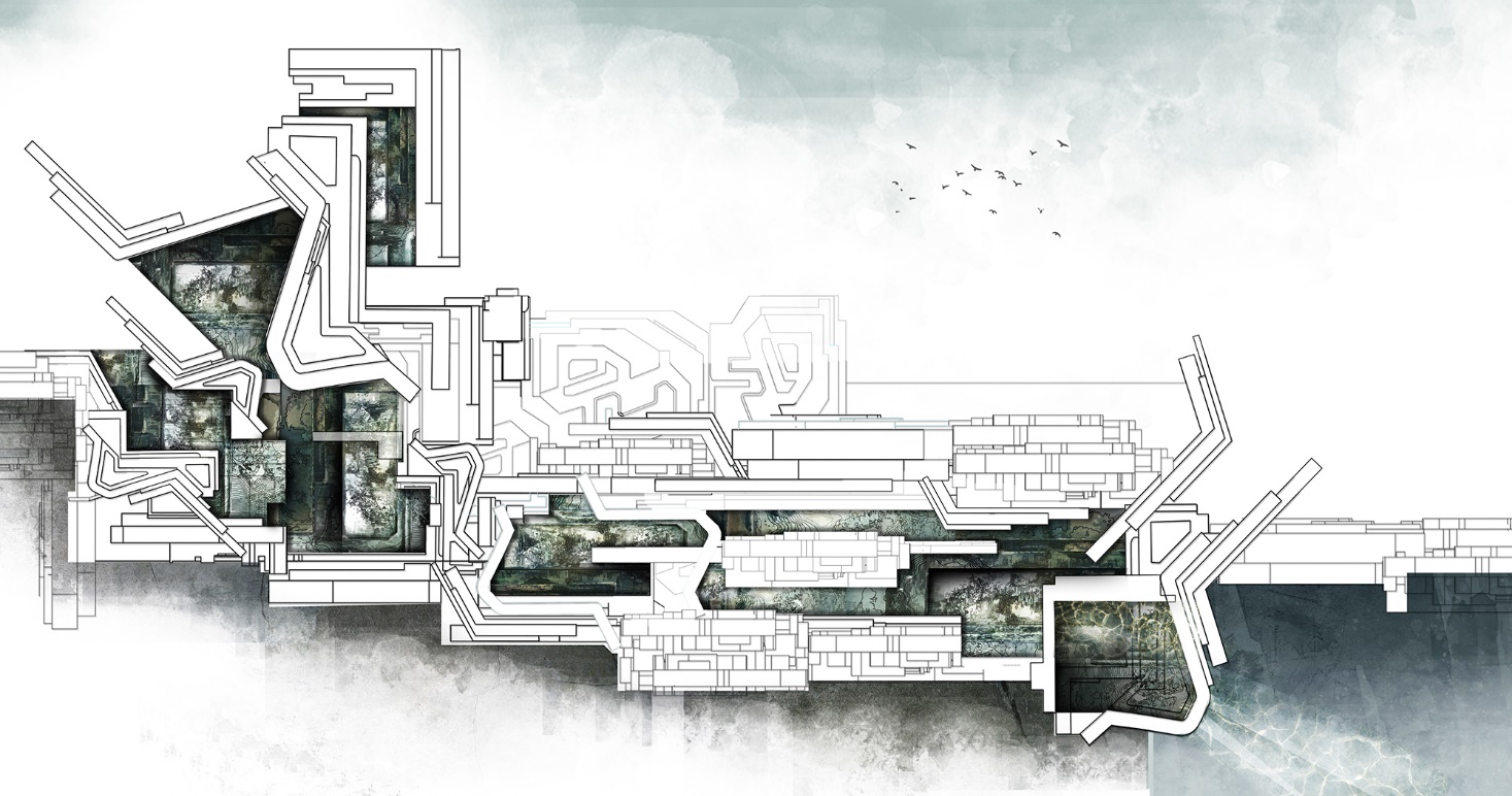 black and white image of building, sketched