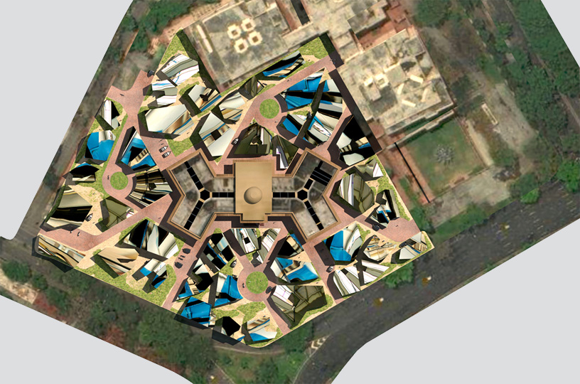 multi-colored physical architectural model, resembles aerial view of train set