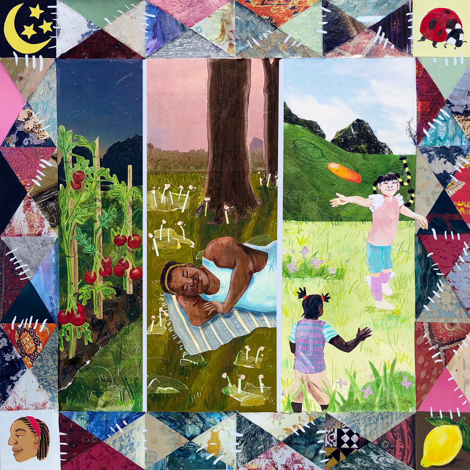 A collage including paintings of plants, children playing frisbee, and a child sleeping, stylized like a quilt.